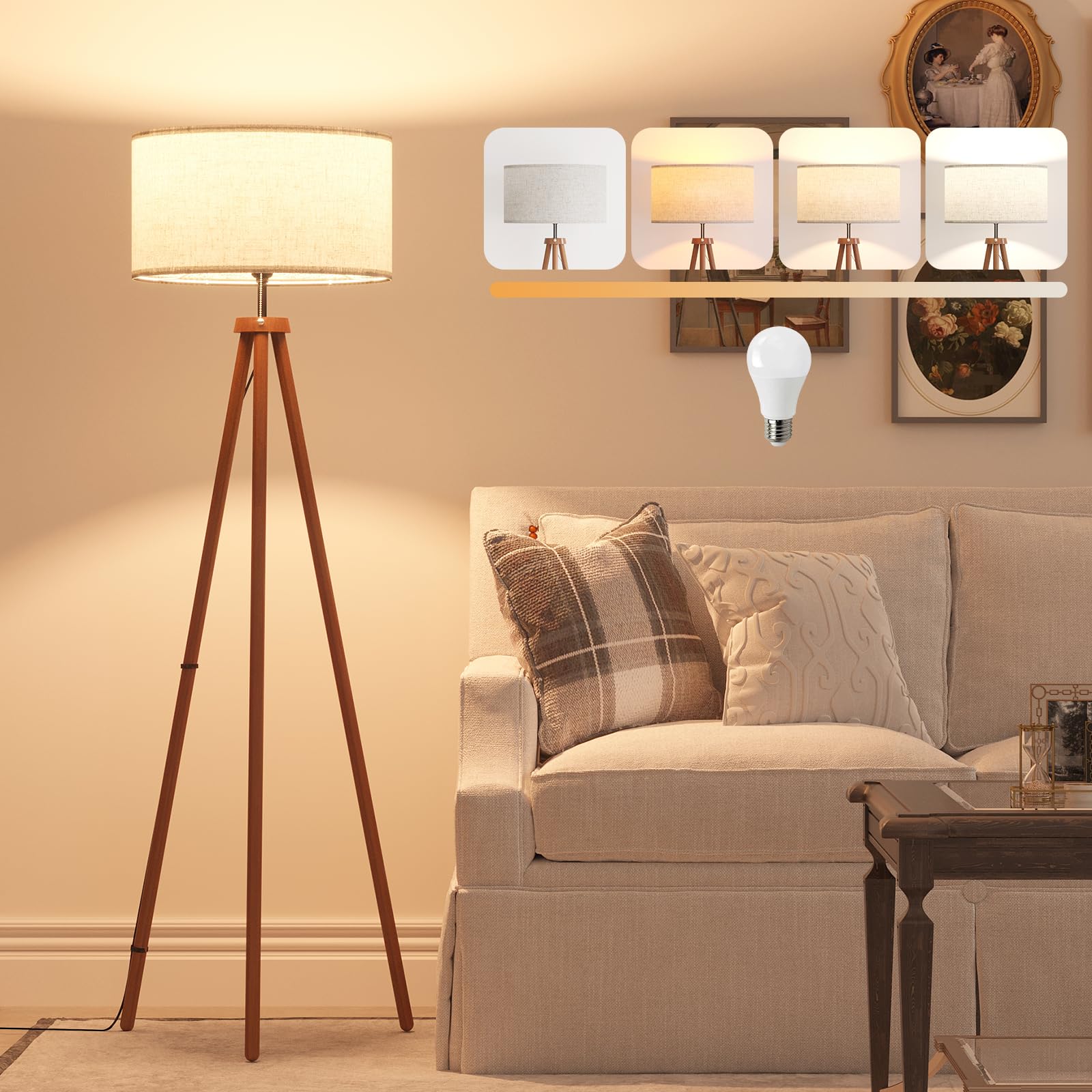 LiteHistory Wood Tripod Floor Lamps for Living Room, Bedroom, and Office,Standing lamp with Beige Linen Shade, 12W Three-Color B