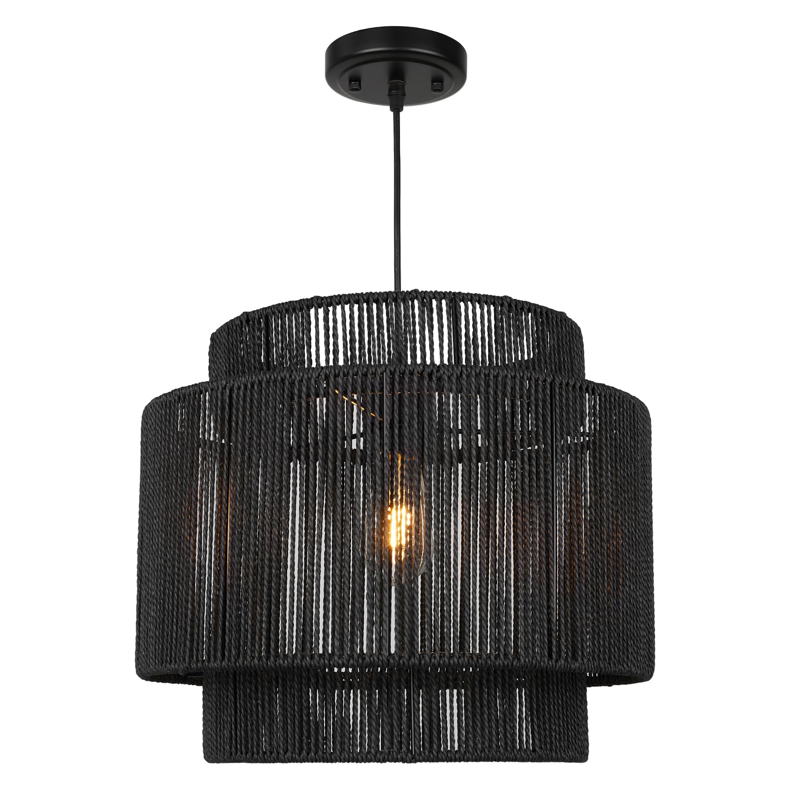 Rosient 16 Inch Large Natural Simple Hand Weaved Rattan Pendant Lamp, Coastal Beach Black Rope Hanging Pendant Light Fixture for