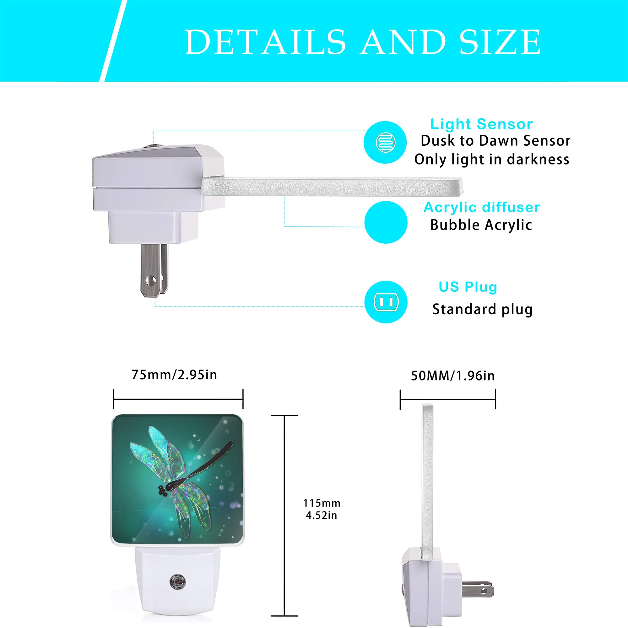 Oeaskly Dragonfly Night Light,Fantasy Green Dragonfly Plug-In Night Lights With Dusk-To-Dawn Sensor For Bedroom, Bathroom And Living Room Sleep Friendly Lamp For Women/Girls/Boys Gift,0.5W