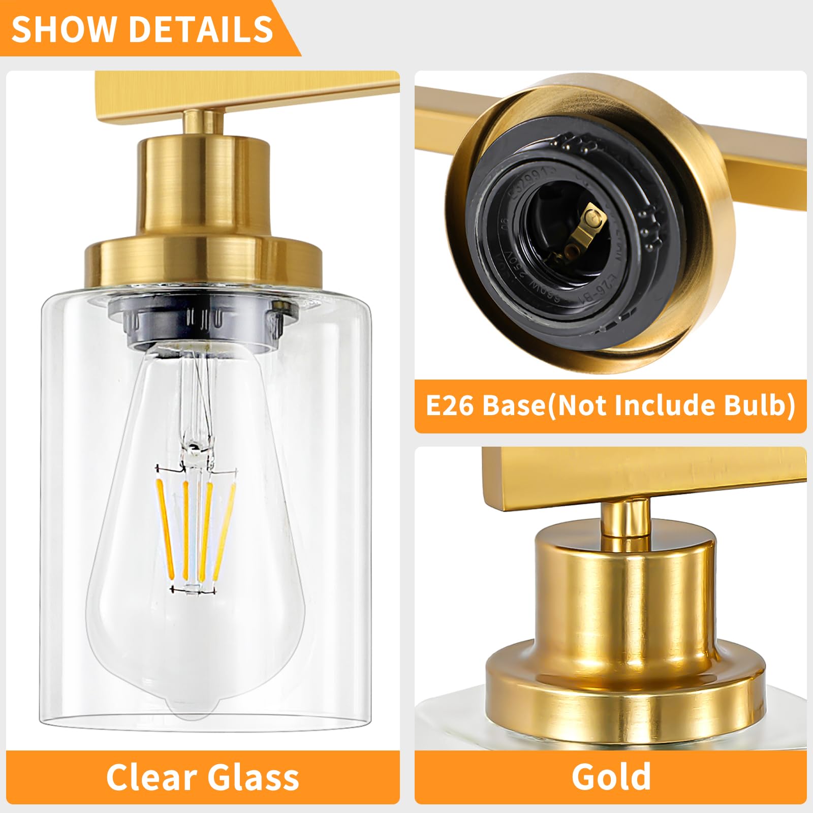 Dikaida 3 Light Gold Bathroom Light Fixtures, Bathroom Vanity Light Over Mirror, Gold Wall Sconce Vanity Lighting With Clear Gla
