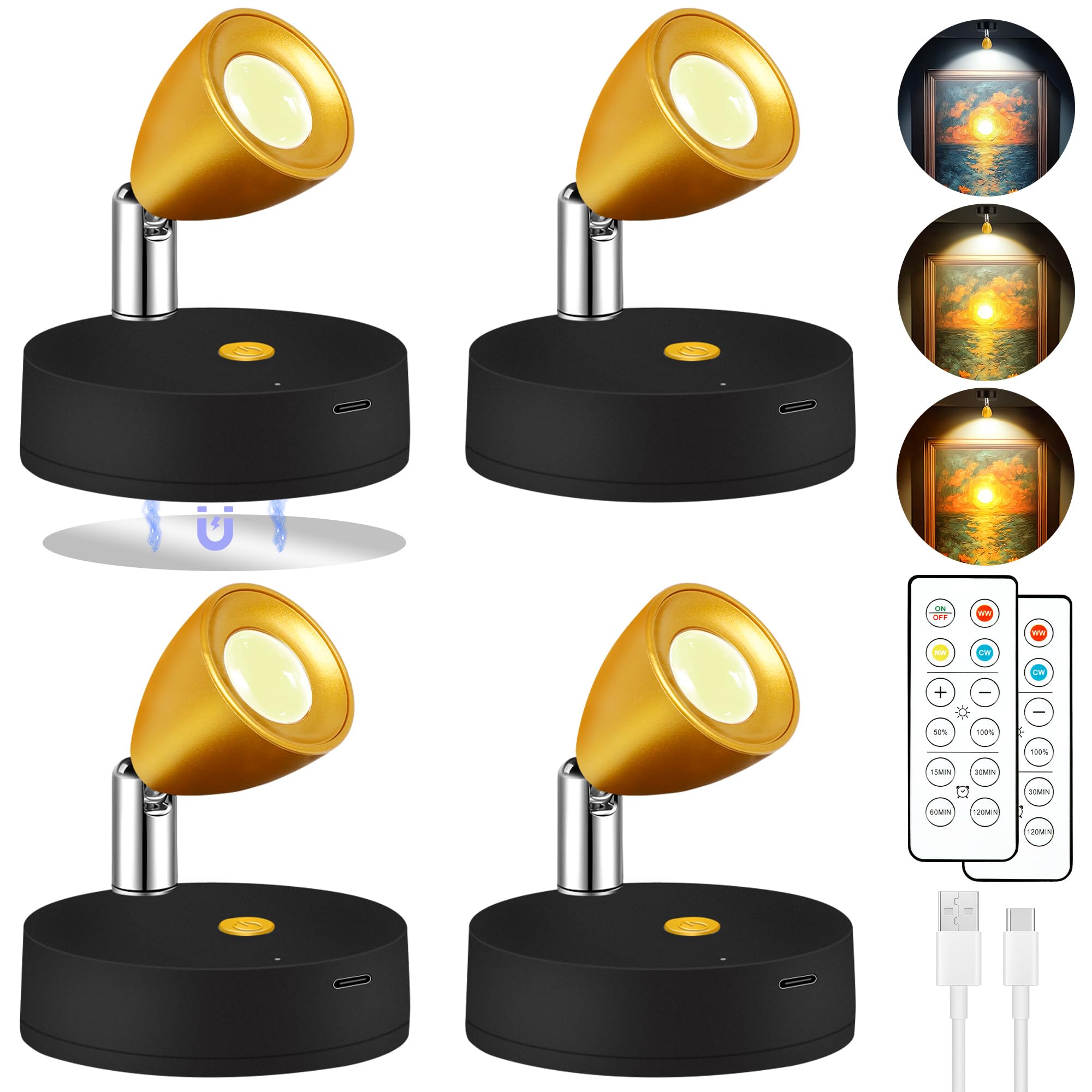 4 Pack Spot Lights Indoor, Rechargeable Wireless Plant Spotlight Indoor, 3 CCT Battery Operated Mini Spotlight, Ambient Lighting