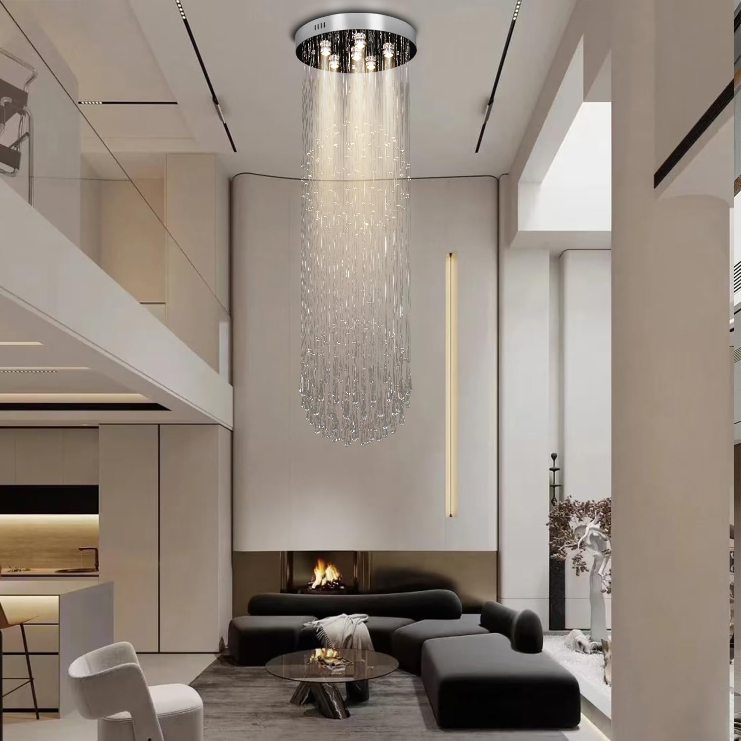 Finktonglan 62.9-In Crystal Chandelier For High Ceilings Raindrop Sphere Chandelier Ceiling Light Pendant Lamp For Stairs, Foyer
