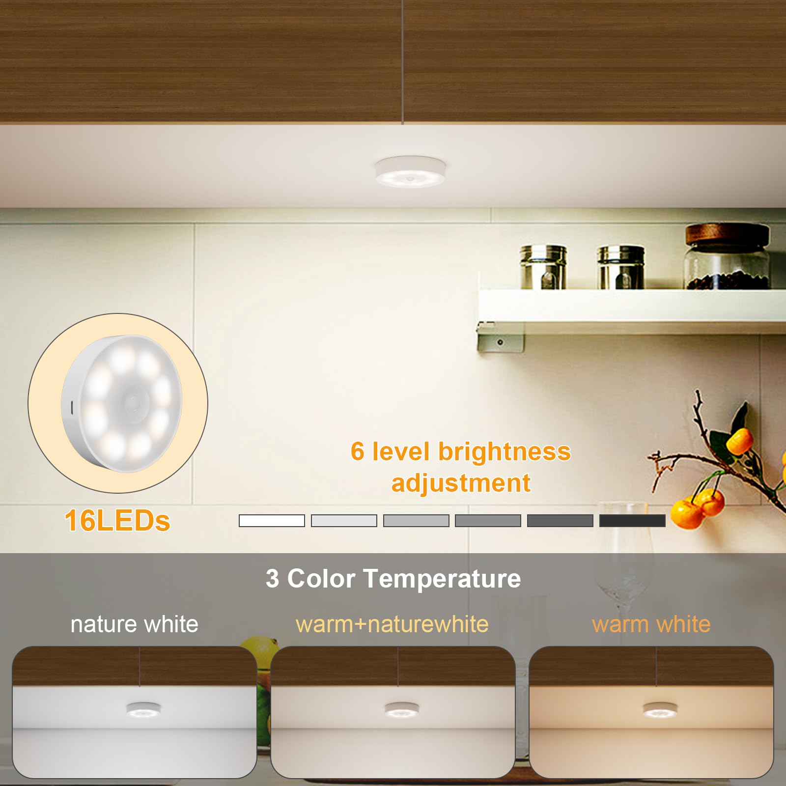 16 Leds Under Cabinet Lights [With Remote], 3 Pack Wireless Motion Sensor Rechargeable Light Puck Light, 3 Color Temps Dimmable