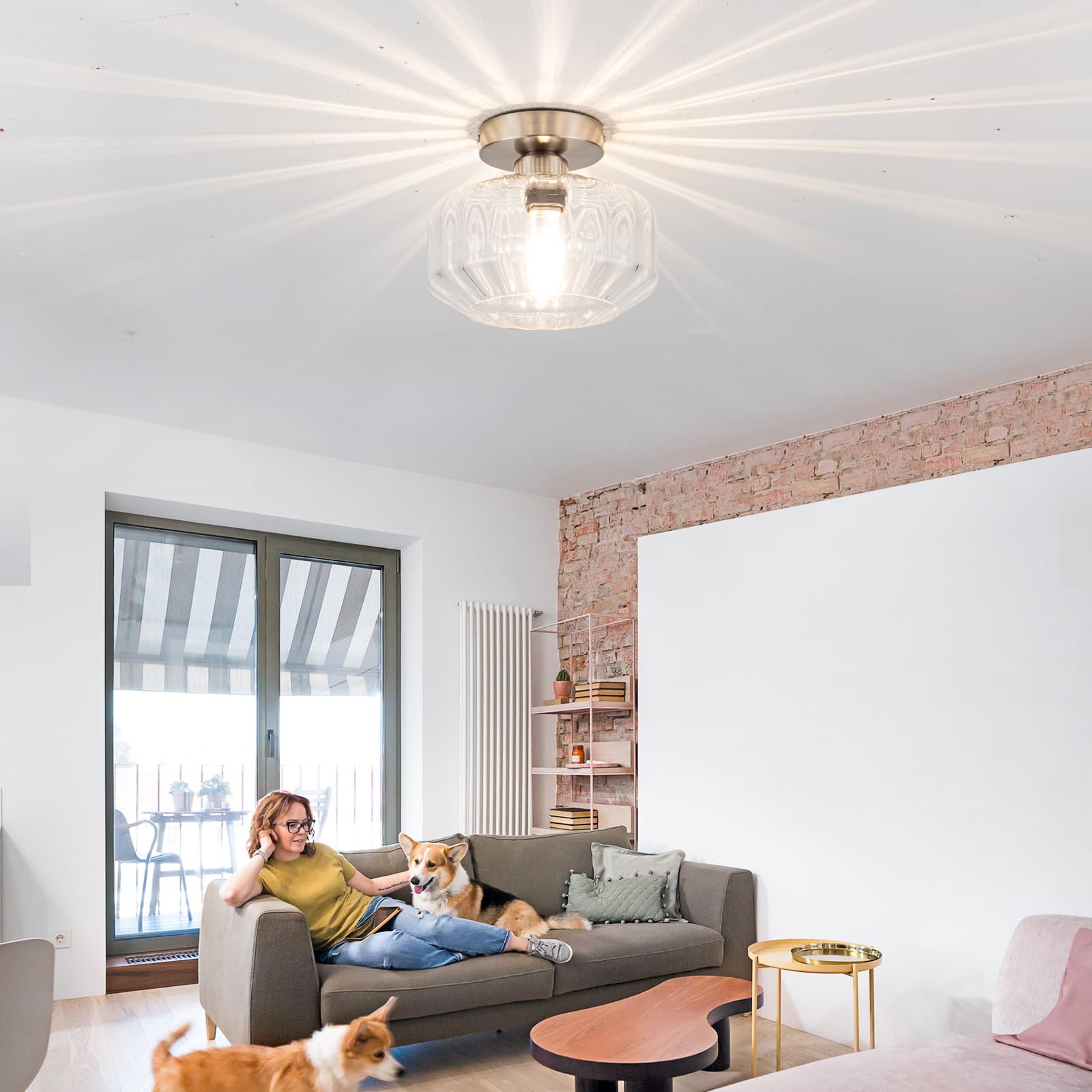 Semi Flush Mount Ceiling Light Fixture With Textured Glass Brushed Nickel Metal Base Includes 1200 Lumens Led Bulbs Silver Hallw