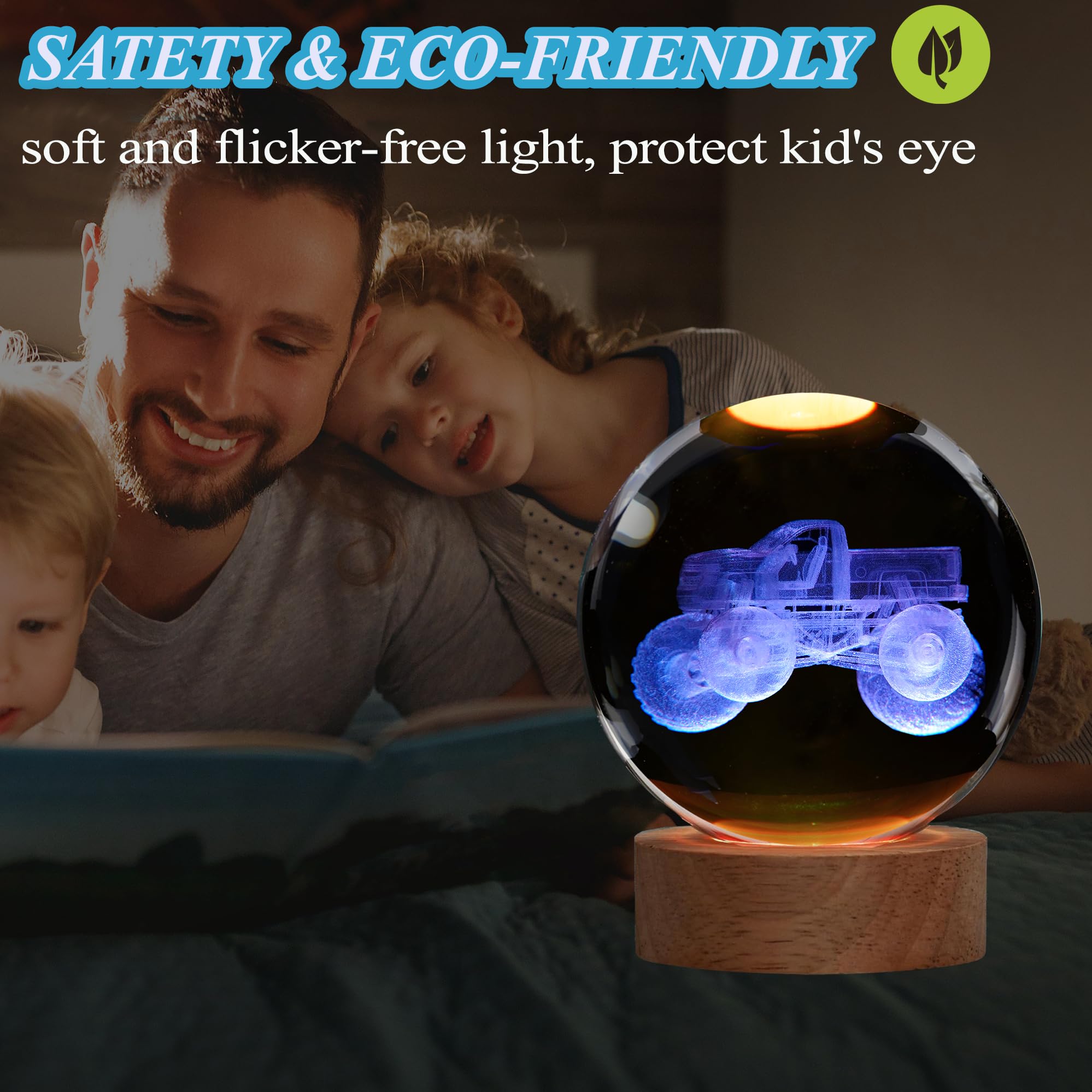 POSSHE Monster Truck Night Light, 3.15 Inch 3D Crystal Ball, 16 Color Remote, Perfect Gift for Boys & Girls Room Decor