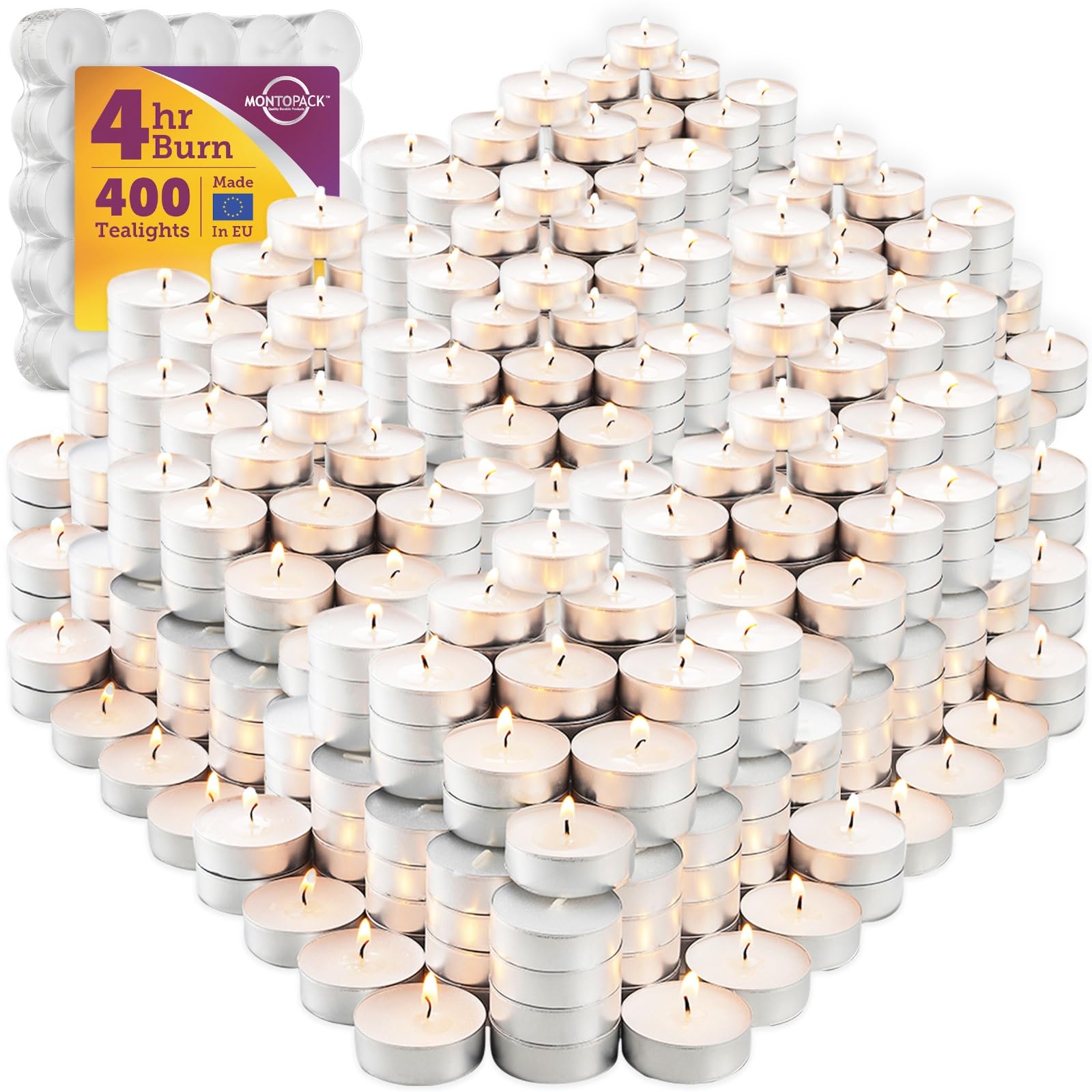 MontoPack Unscented Tea Light Candles 400 Pack | 4 Hours, White, Smokeless, Dripless Small Votive Paraffin Tealights | Long-Last