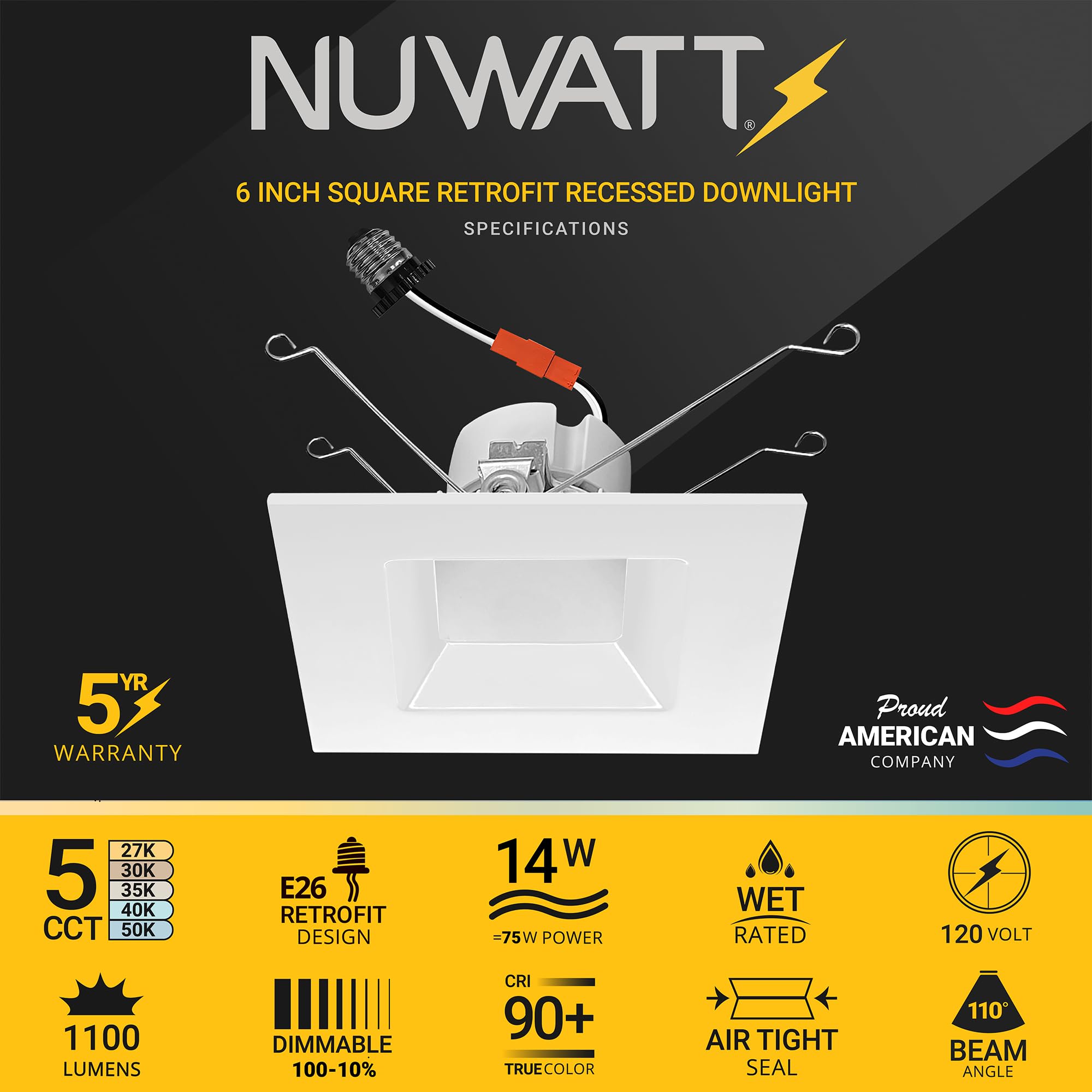 Nuwatt 12 Pack, 5/6 Inch Retrofit Led Square Recessed Lighting, 5Cct 2700K/3000K/3500K/4000K/5000K Selectable, 1100 Lumen 14W, D