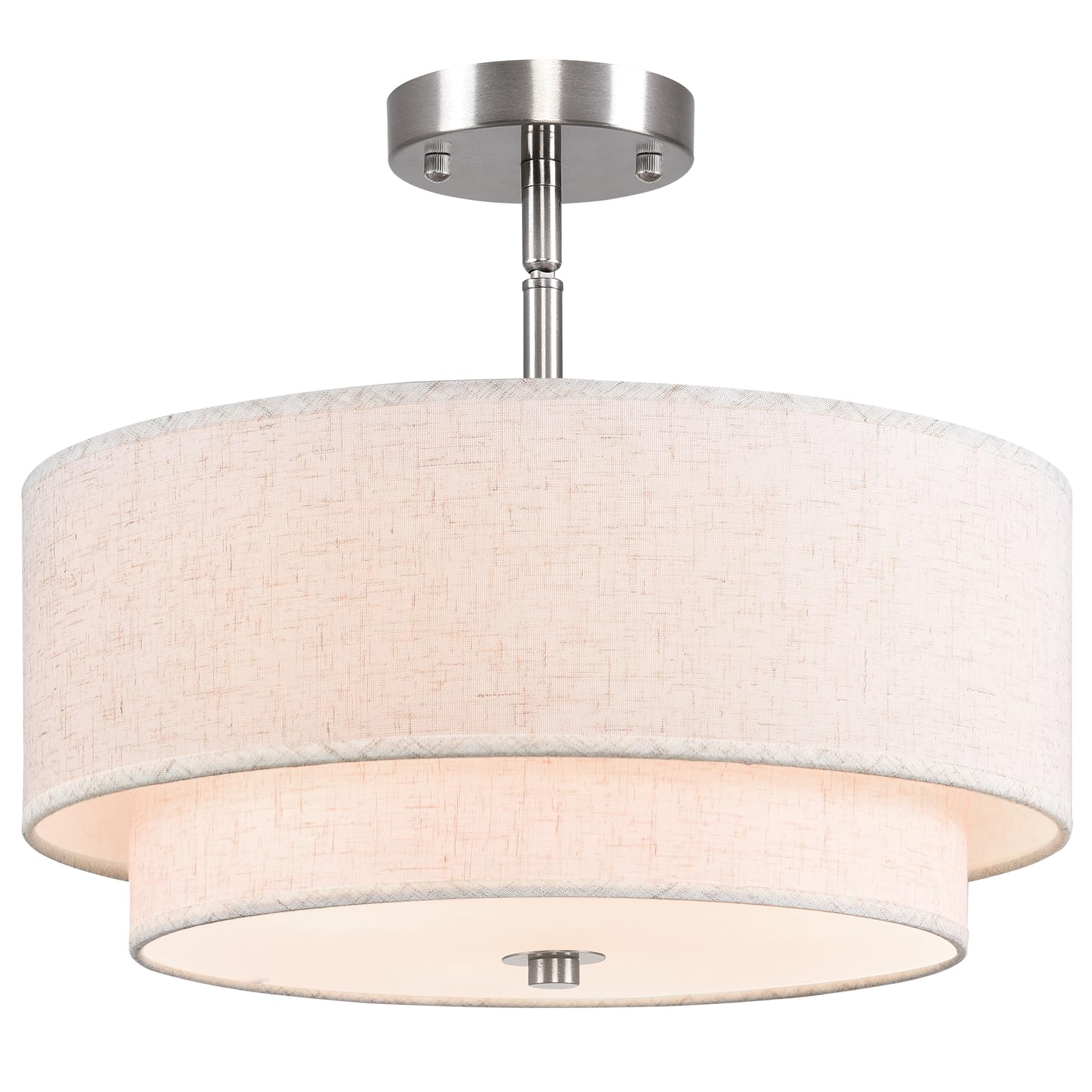 HPKVORP 16 Semi Flush Mount Ceiling Light, Brushed Nickel 3 Light Double Drum Fabric Lampshade Lighting Fixtures for Living, Din