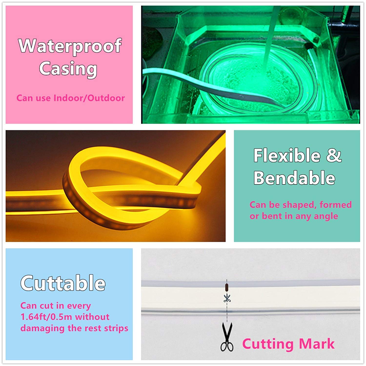 IEKOV LED NEON Light, 20m Flexible Dimmable Waterproof Strip, 120 LEDs/M, Blue, Model NEON LIGHT-B-20M