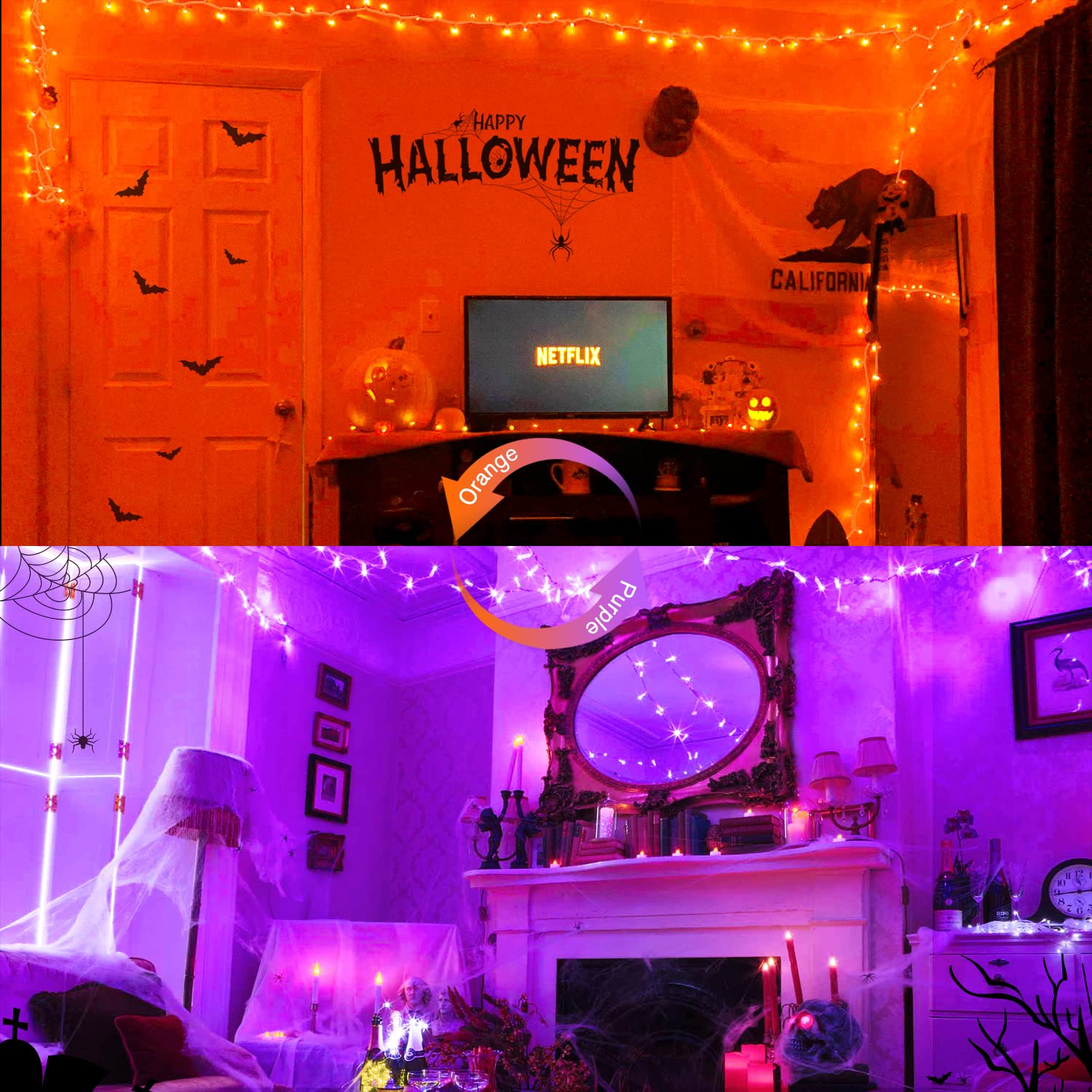 Jmexsuss 100 Led Orange & Purple Halloween Lights Plug In, 11 Modes Halloween String Lights Indoor With Remote, 33Ft Connectable