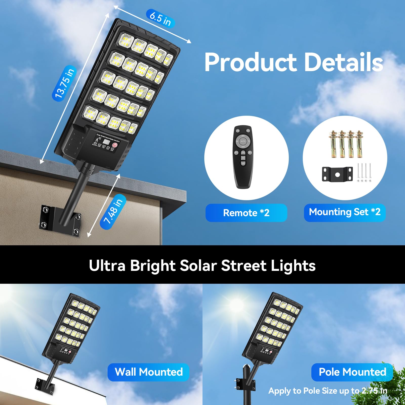 Solar Street Lights Outdoor Waterproof  30000Lm 6500K Motion Sensor Led Flood Lights  Dusk To Dawn Solar Lights With Remote  Solar-Powered Parking Lot Light  Commercial Area Lighting For Outside 2Pack