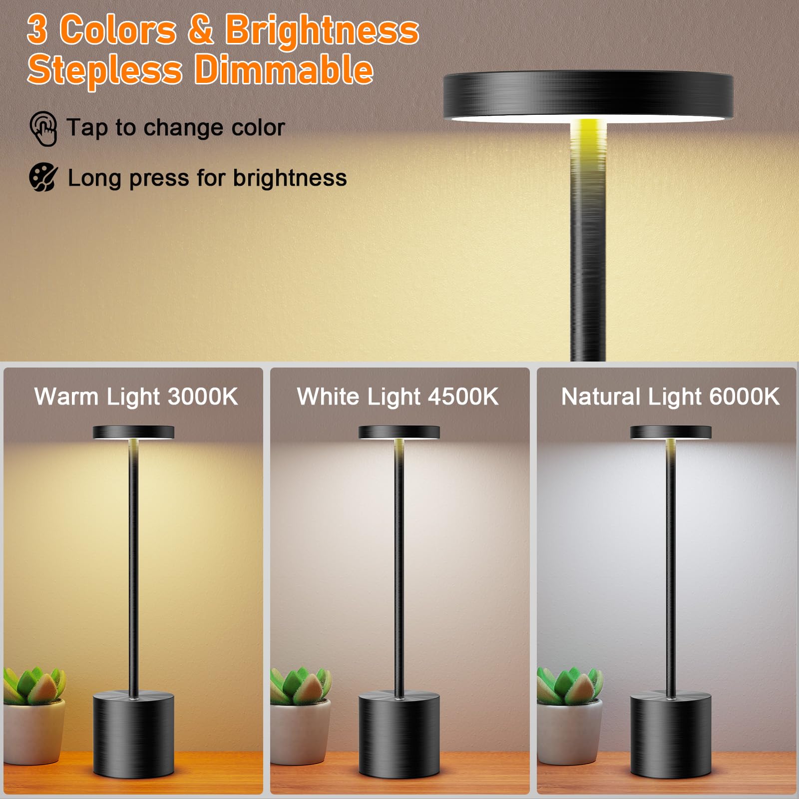 SAKRINGT Cordless LED Table Lamp - 6000mAh Rechargeable, Black, Model S801