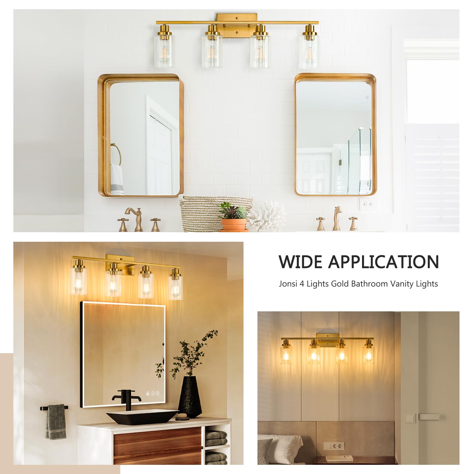 Jonsi 4-Light Brushed Gold Bathroom Vanity Light Fixture with Glass Shades, 31.1 Inch, E26 Wall Sconces for Bathroom, Living Room, Hallway