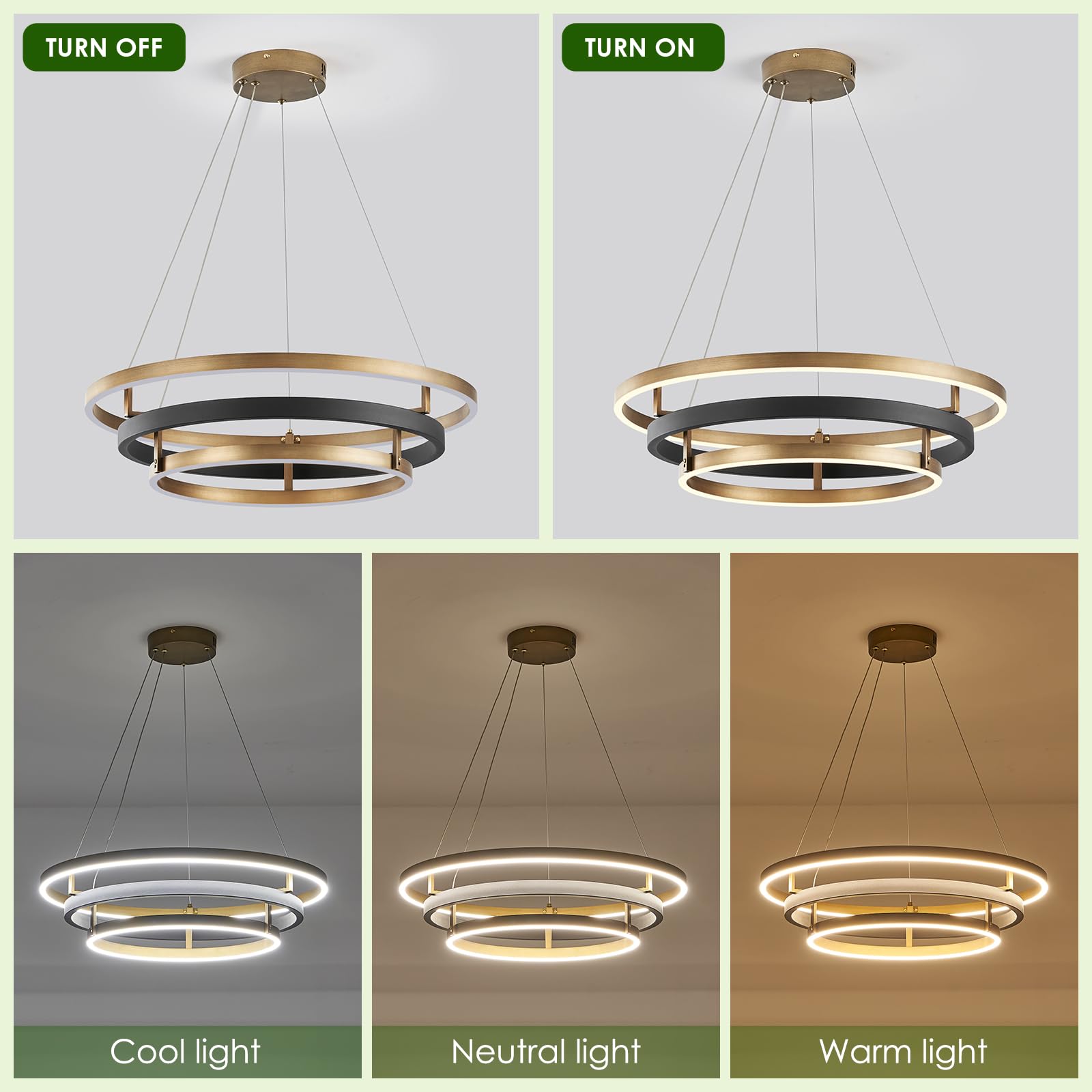Benkut Modern LED Chandelier, Dimmable 3-Ring Pendant Light, 23.6 in, Black Gold, Remote Control, Ideal for Dining Room & Living Room