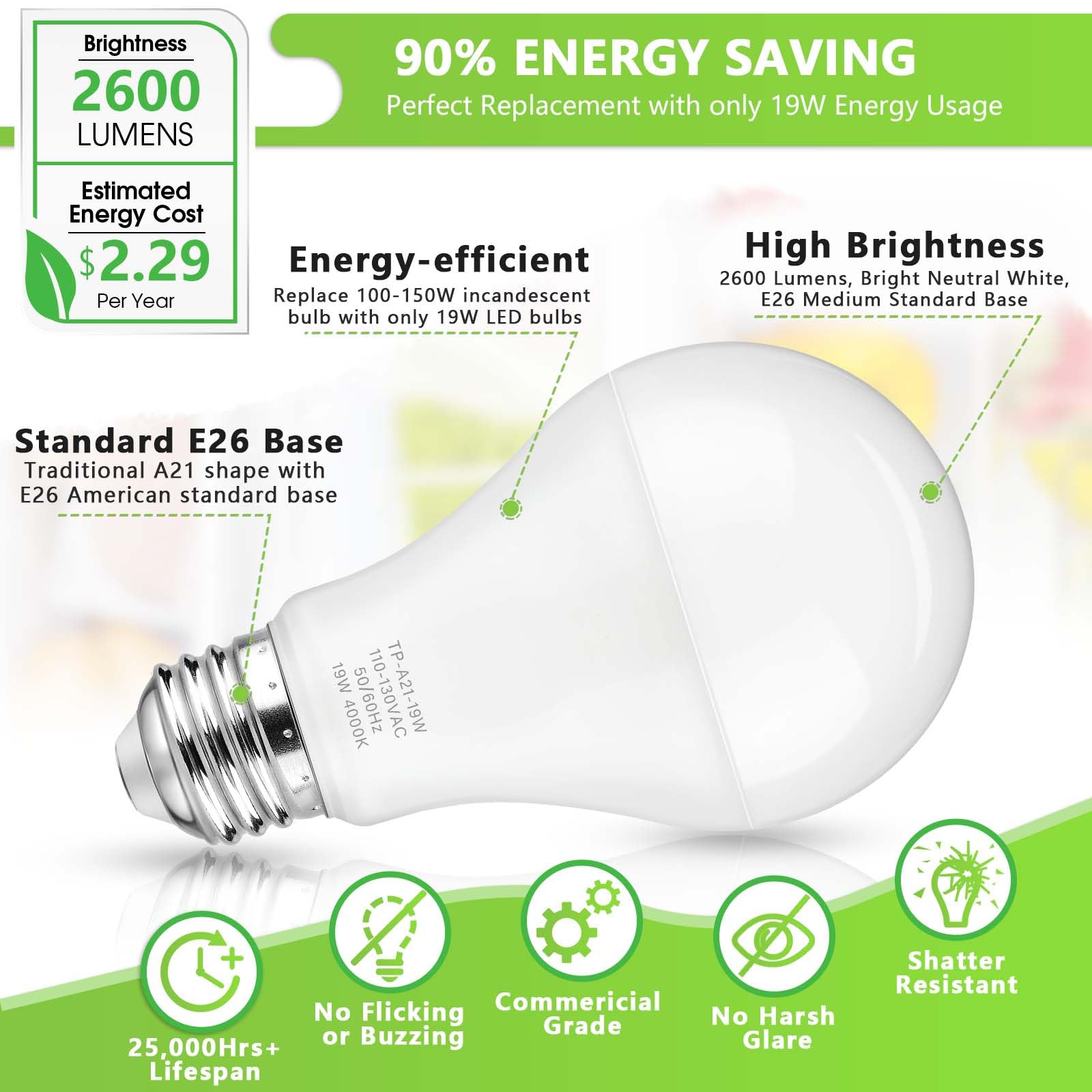Maylaywood A21 Led Light Bulbs, 150 Watt Equivalent, Neutral White 4000K, 2600Lm, E26 Base, Non-Dimmable, 19W Bright White Led B