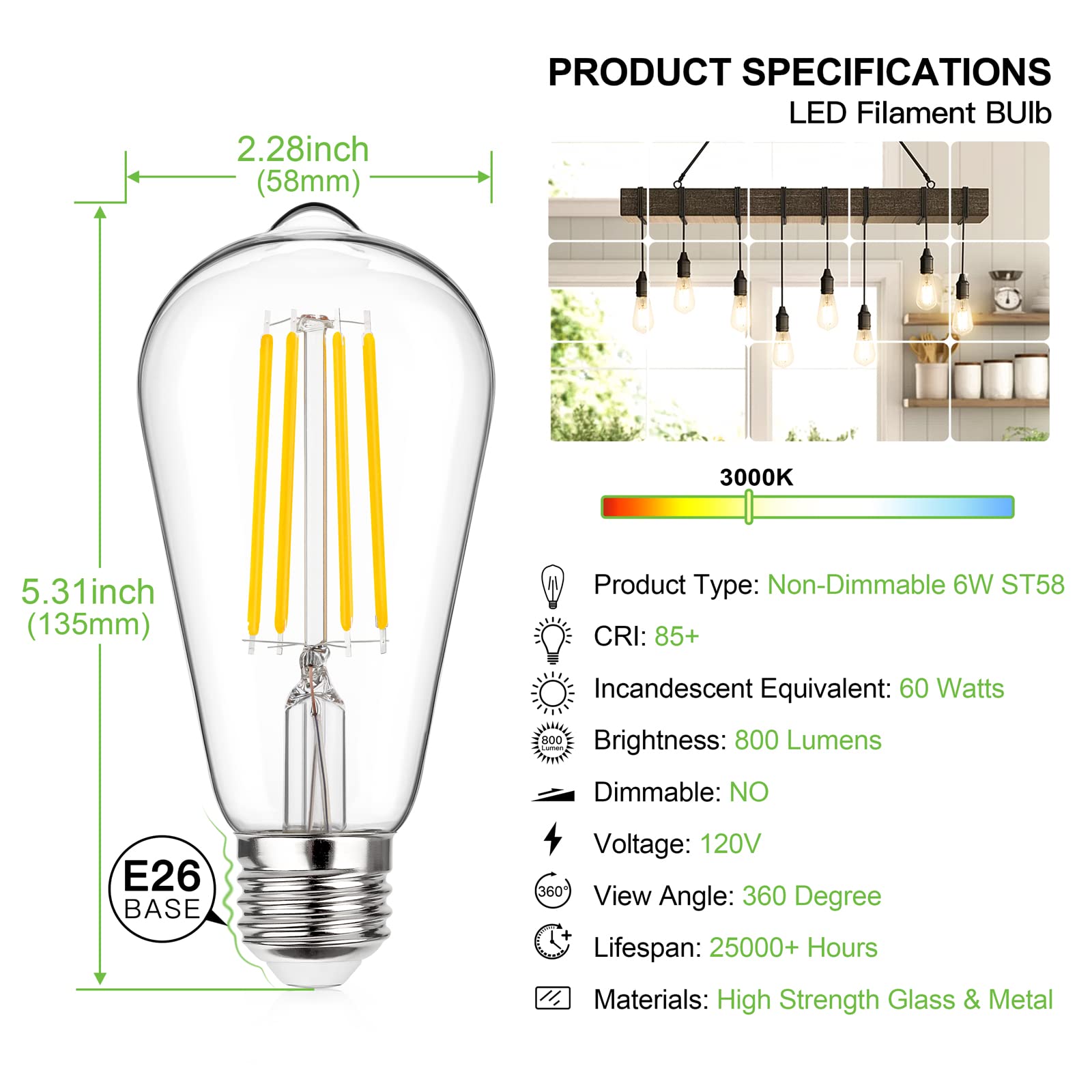 Maxvolador Vintage Led Edison Bulb 60W Equivalent 800Lm, 6W St58 Filament Light Bulbs, Soft White 3000K, E26 Base, Non-Dimmable,