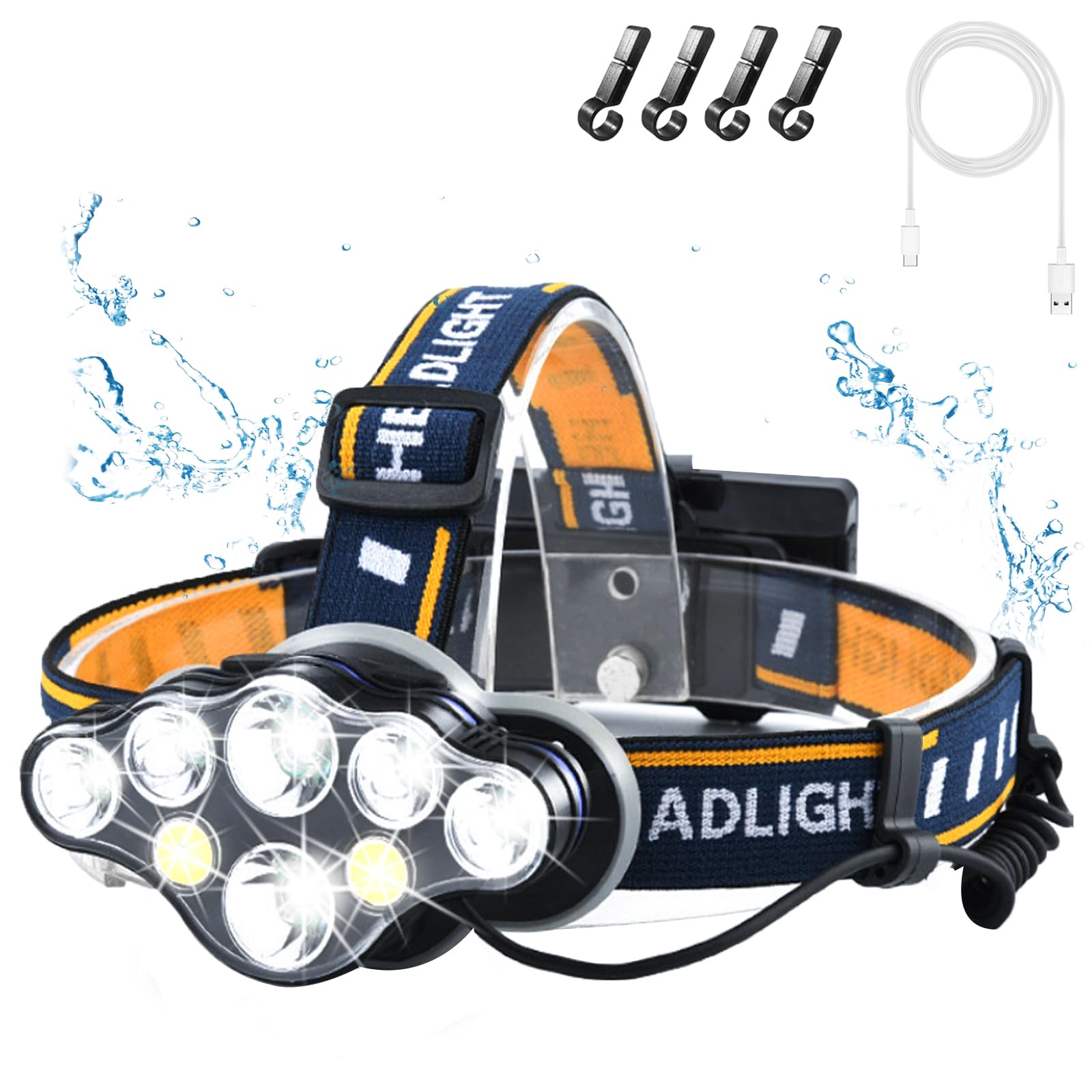 Lcckyeng Rechargeable Headlamp, 8 LED 18000 Lumen Super Bright Waterproof Headlight with Red Lights, 8 Light Modes Head Lamp for