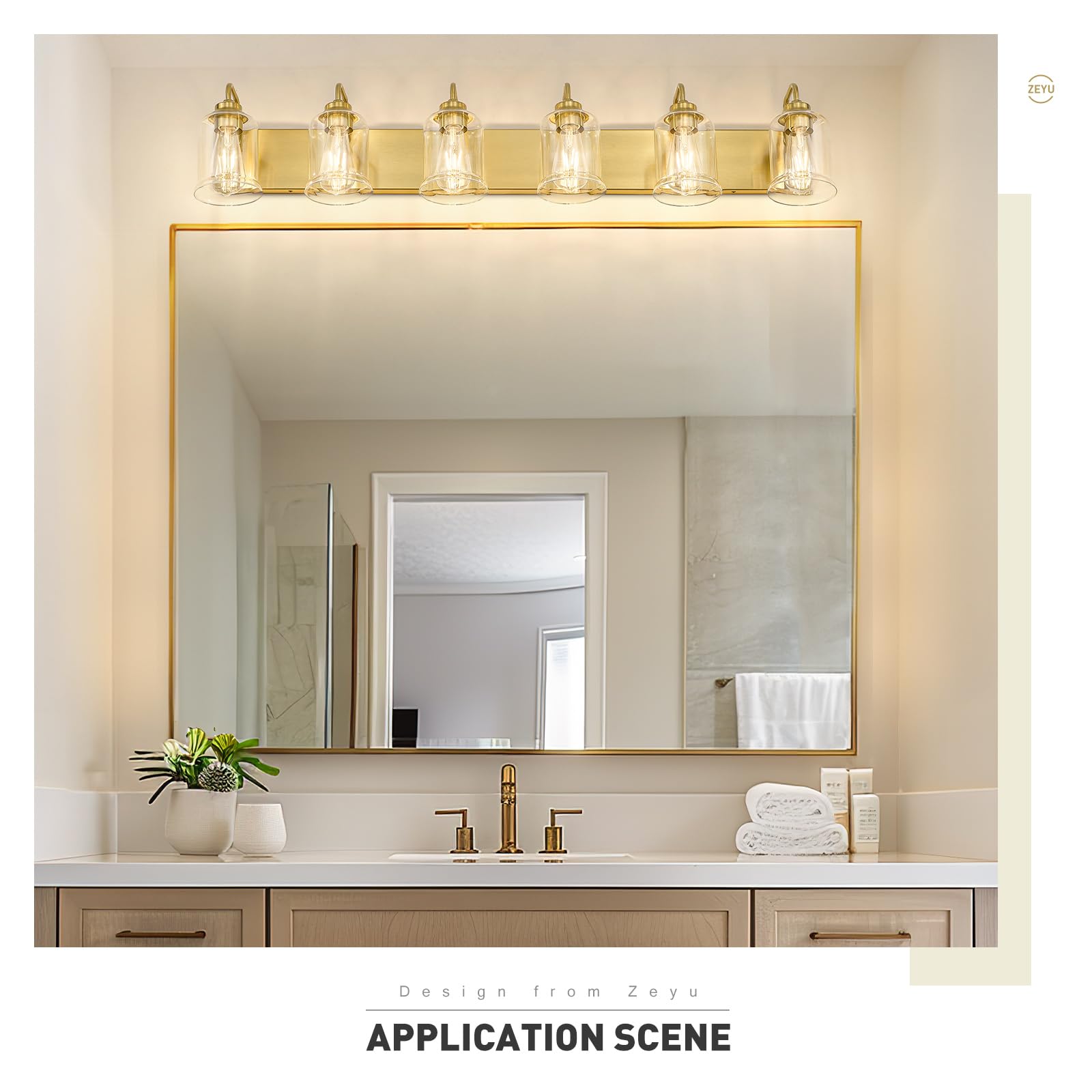 Zeyu 44 Inch Brushed Gold Bathroom Light Fixtures, 6 Lights Vintage Wall Light, Modern Vanity Light With Clear Glass Shade, Zsl7