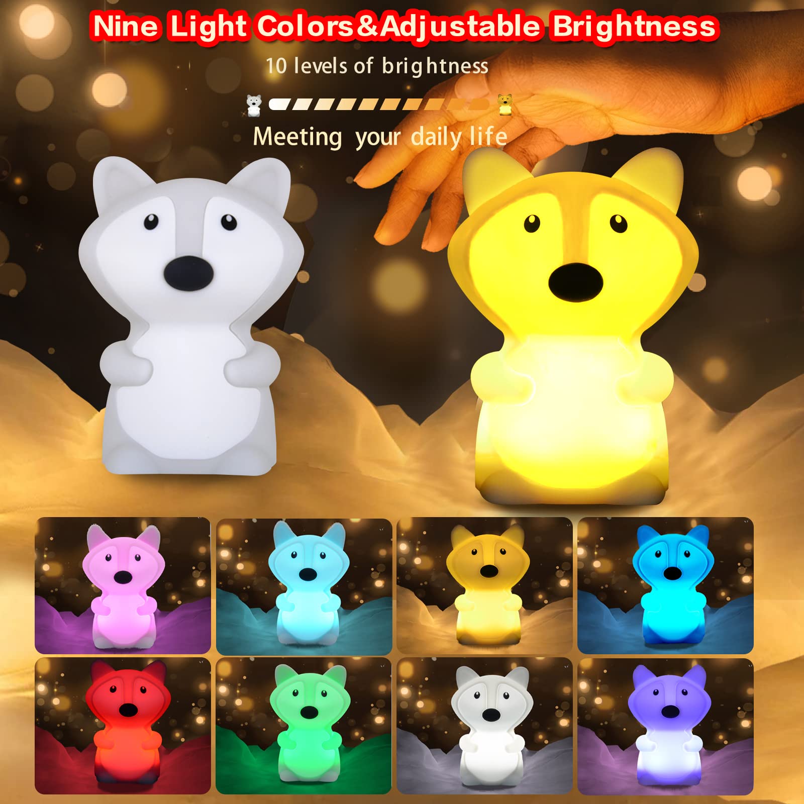 WHA&DARREN Fox Squishy Night Light for Babies & Kids, Nursery Light, Animal Shaped, Silicone Material