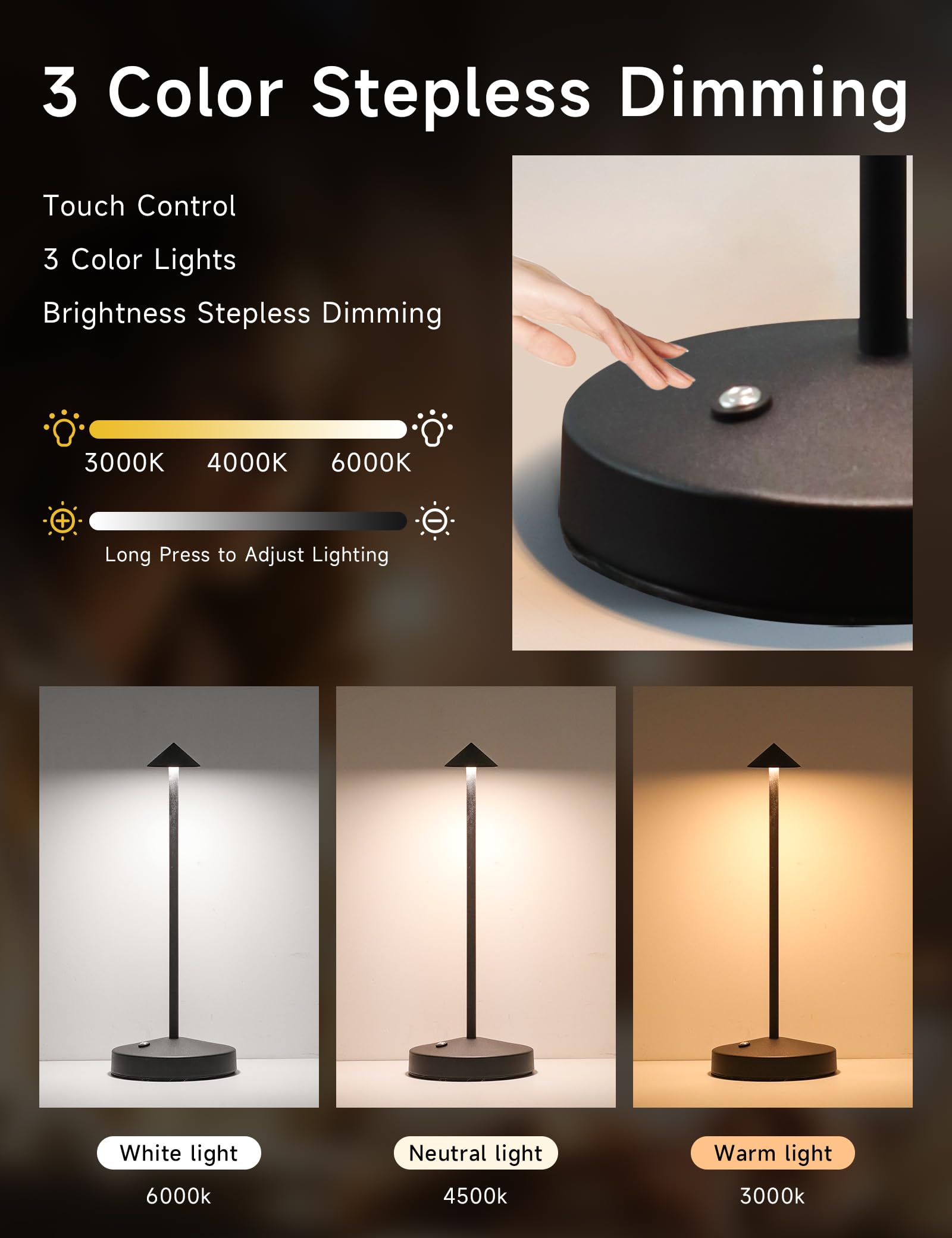 KROPTIB Cordless Table Lamps,LED Rechargeable Desk Lamp,Portable Modern USB Battery Operated Lights,Outdoor Waterproof Touch Dim