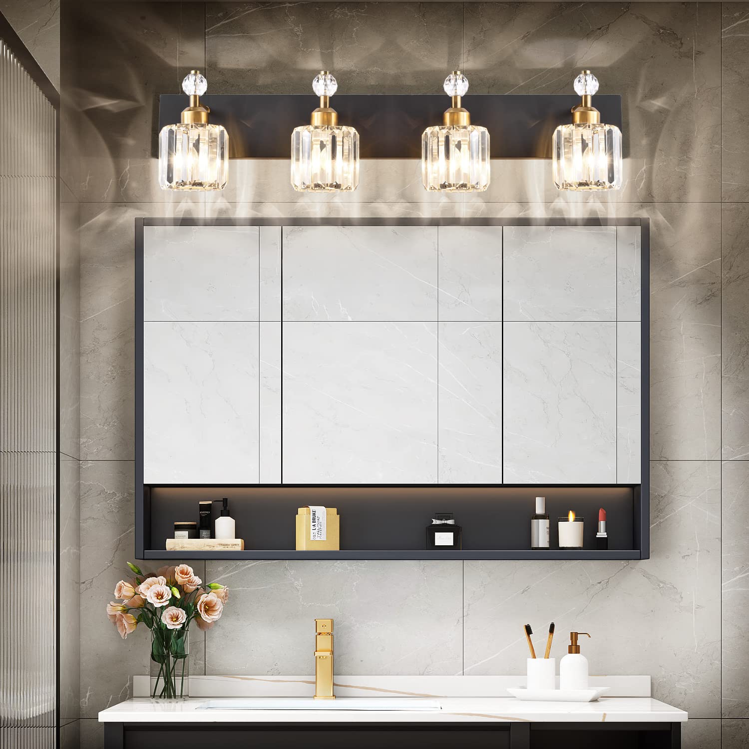 PRESDE Modern Crystal Vanity Light Fixture, 4 Lights, Matte Black and Gold, Bathroom Wall Lighting Over Mirror
