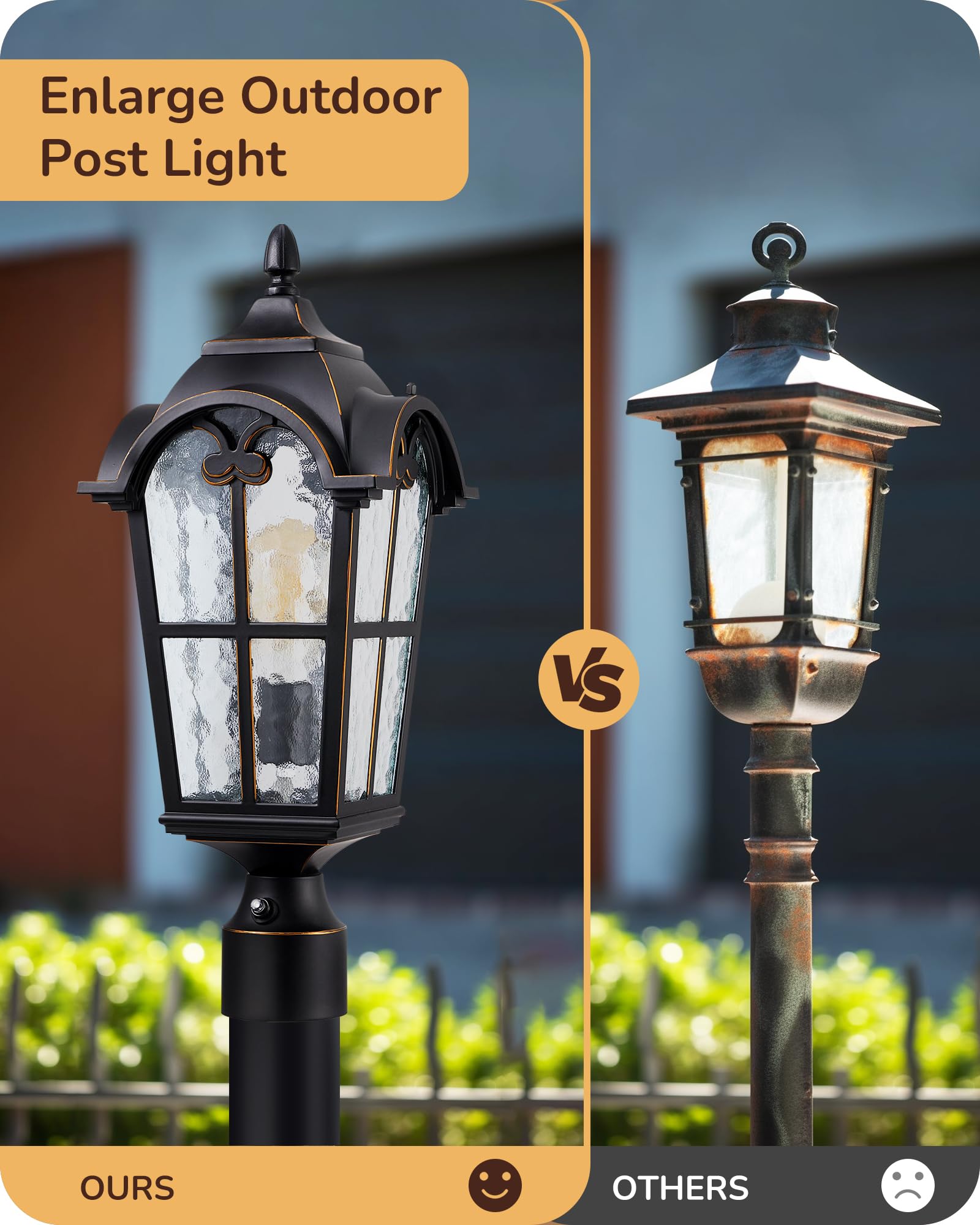 EDISHINE Large Outdoor Post Light, 21.9in  H, Waterproof Aluminum Fixture, Black, Model HOPL02A