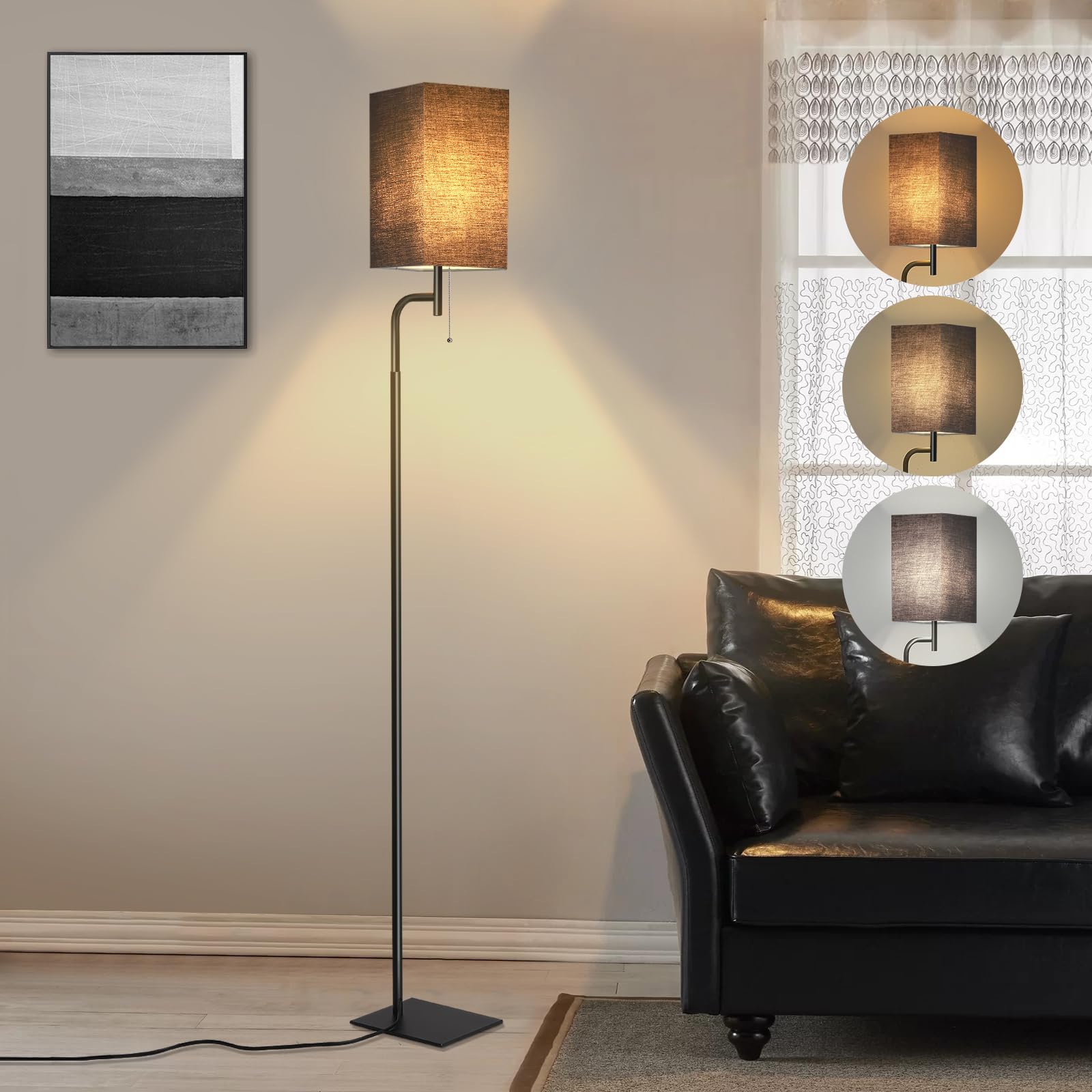 Iporovon Modern Floor Lamp, Black, Metal, 3 Color Temperatures, Minimalist Design, Model FL-230217-A
