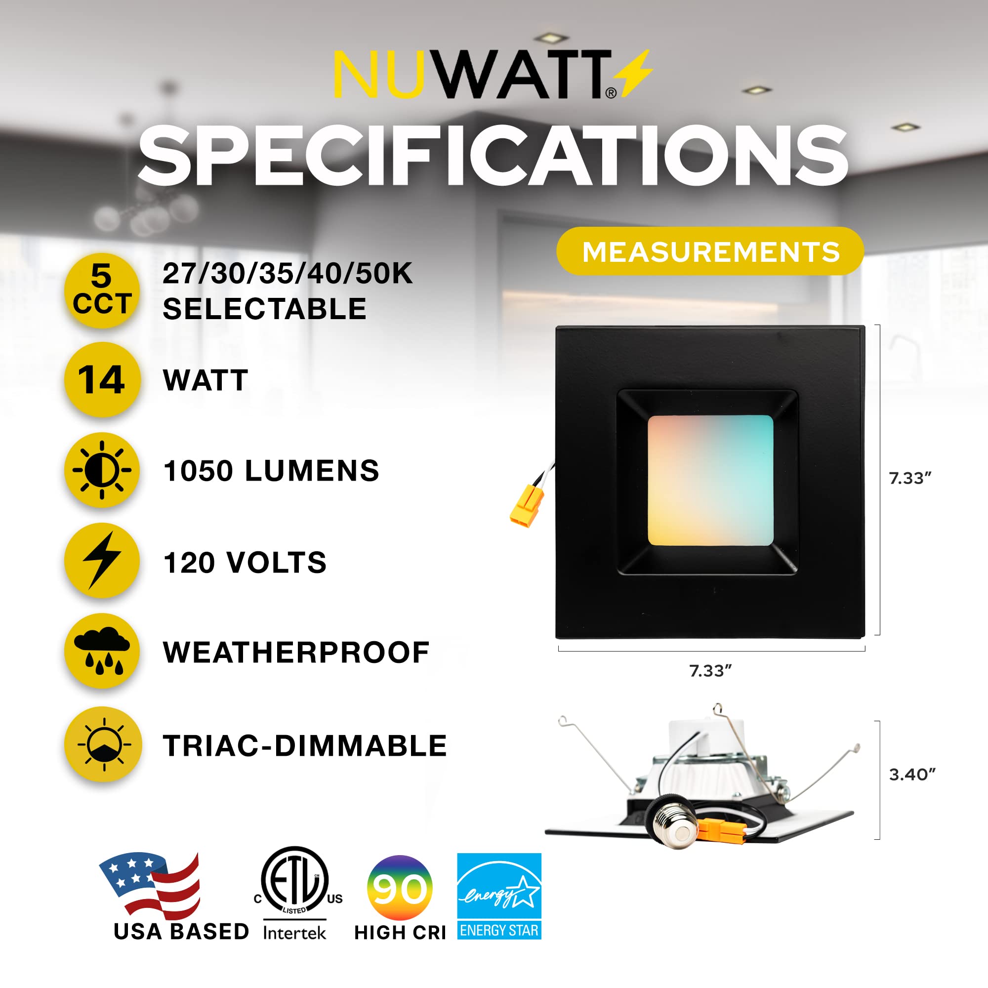 Nuwatt 12 Pack, Black 6 Inch Square Retrofit Recessed Lighting, Cct 2700K/3000K/3500K/4000K/5000K Selectable, 1100 Lumen 14W, Dimmable, 6In Black Square Led Can Lights, 6" Square Light, Etl, Wet Rated