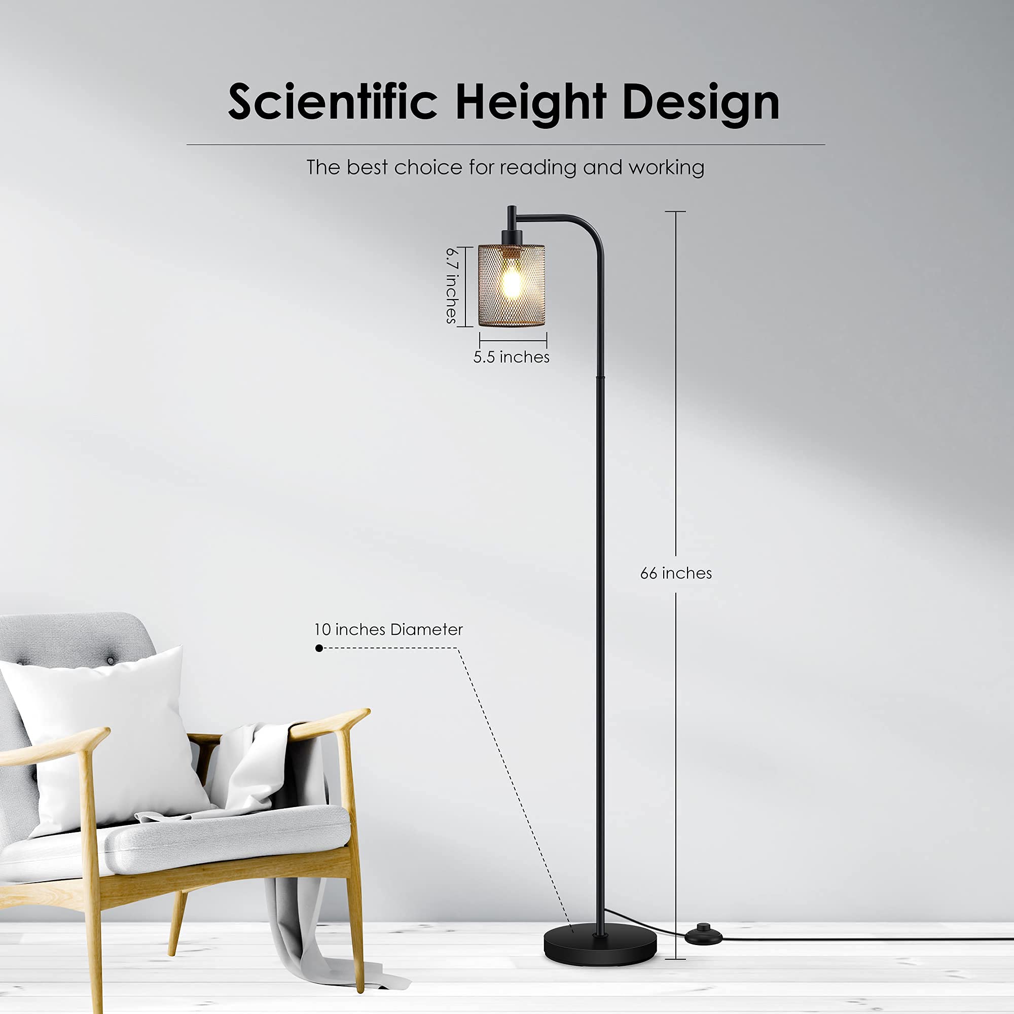 BoostArea Industrial Floor Lamp, Iron Mesh Shade, 6W LED, Medium, Black