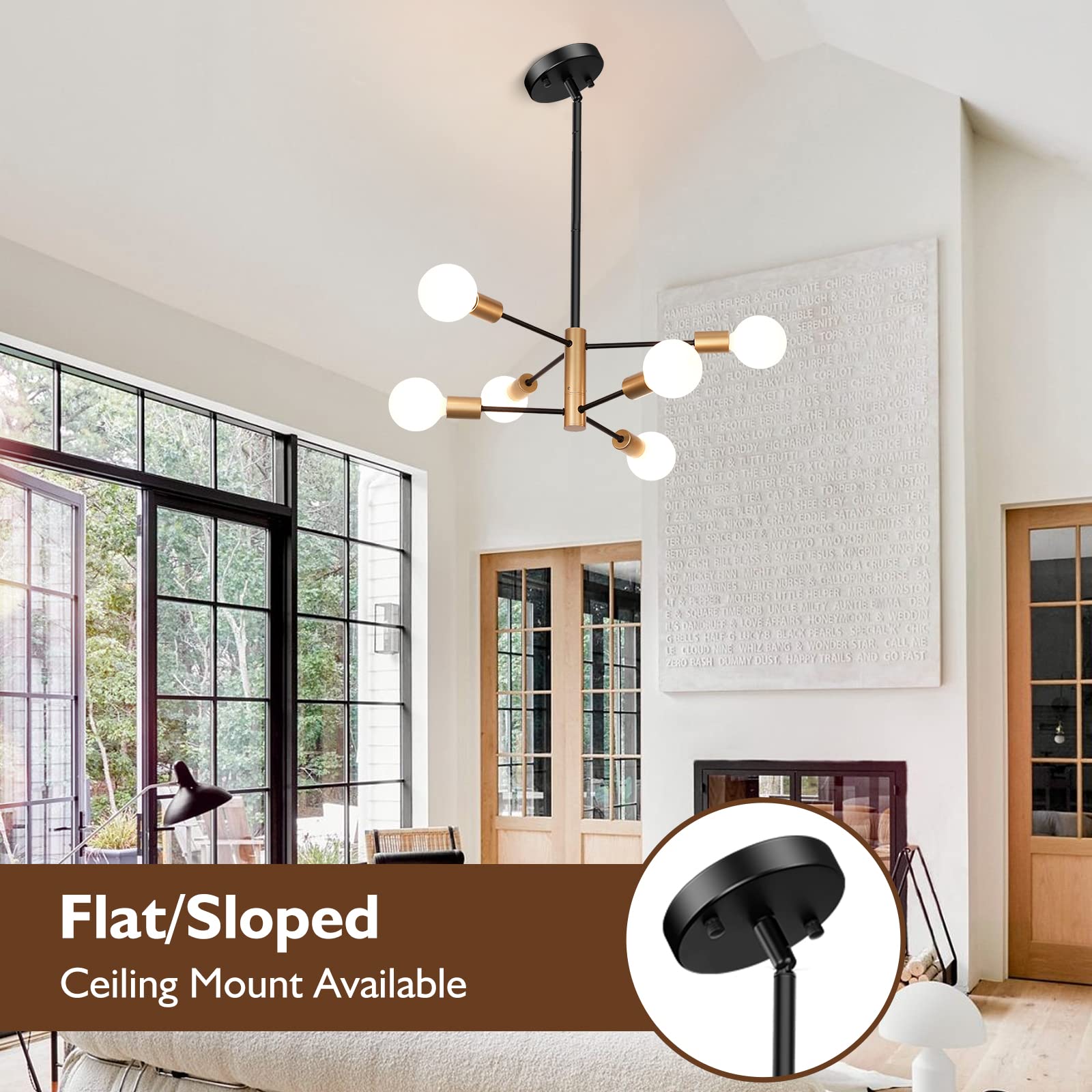 Sheetea 6-Light Sputnik Chandelier, Black And Gold Chandeliers Pendant Lighting, Modern Farmhouse Dinning Room Light Fixture Mid Century Brass, Height Adjustable For Living Room Bedroom Kitchen Island