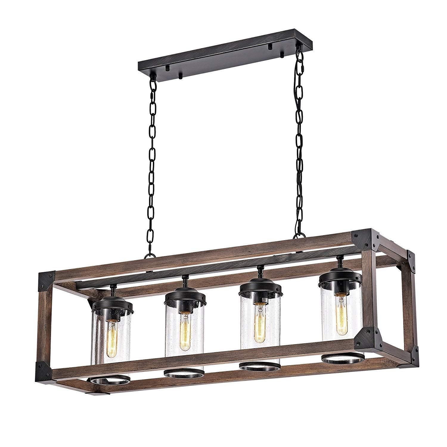 Jojospring Pendant Chandelier - Antique Black Metal and Wood with Bubble Glass Cylinders