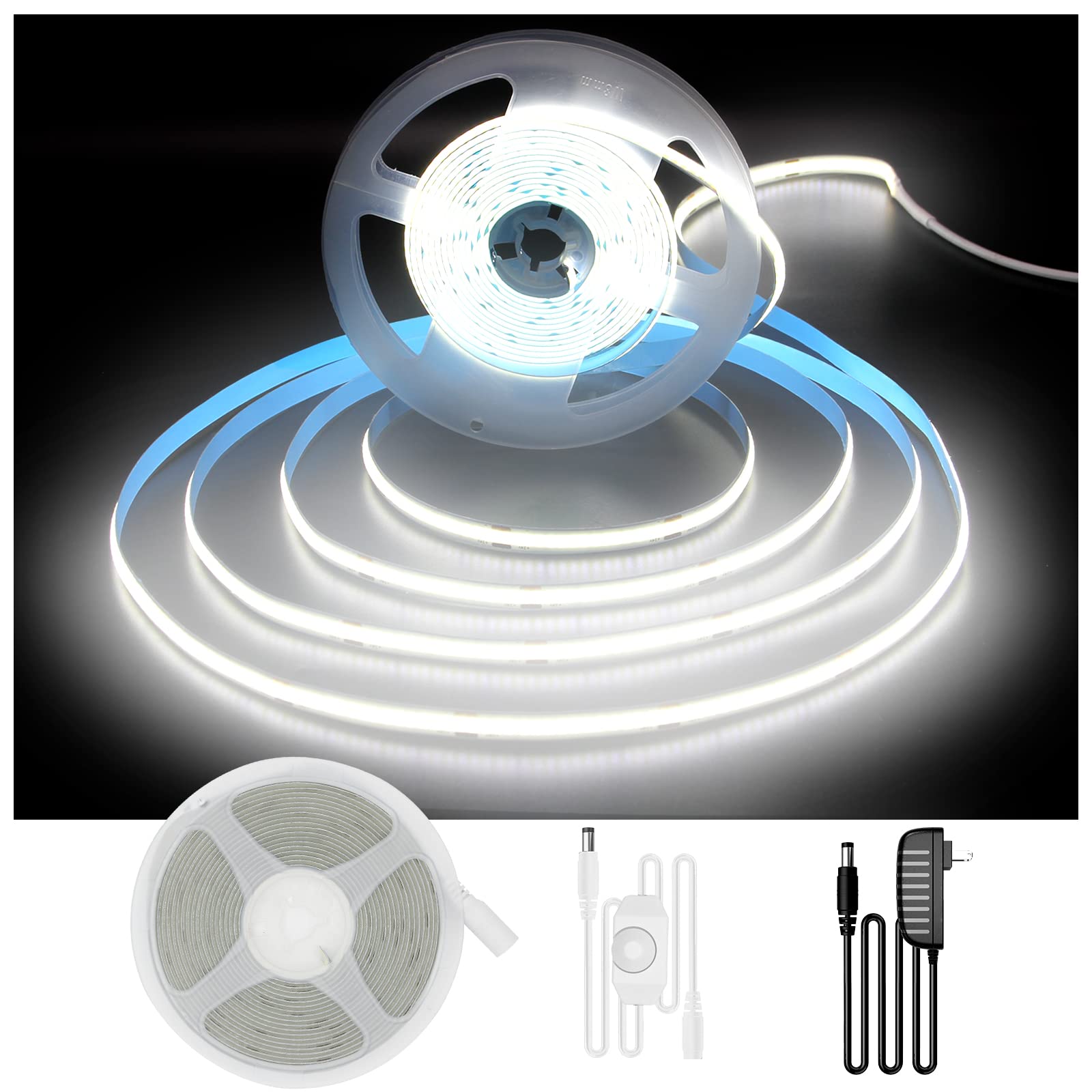DAYGameTER COB LED Band  16.4 ft White LED Band Lights  Dimmable LED Light Band 6500K Bright Daylight White  24V  1600LEDs  2835 Flexible LED Tape Light for TV  Bedroom  Kitchen Cabinet  Closet