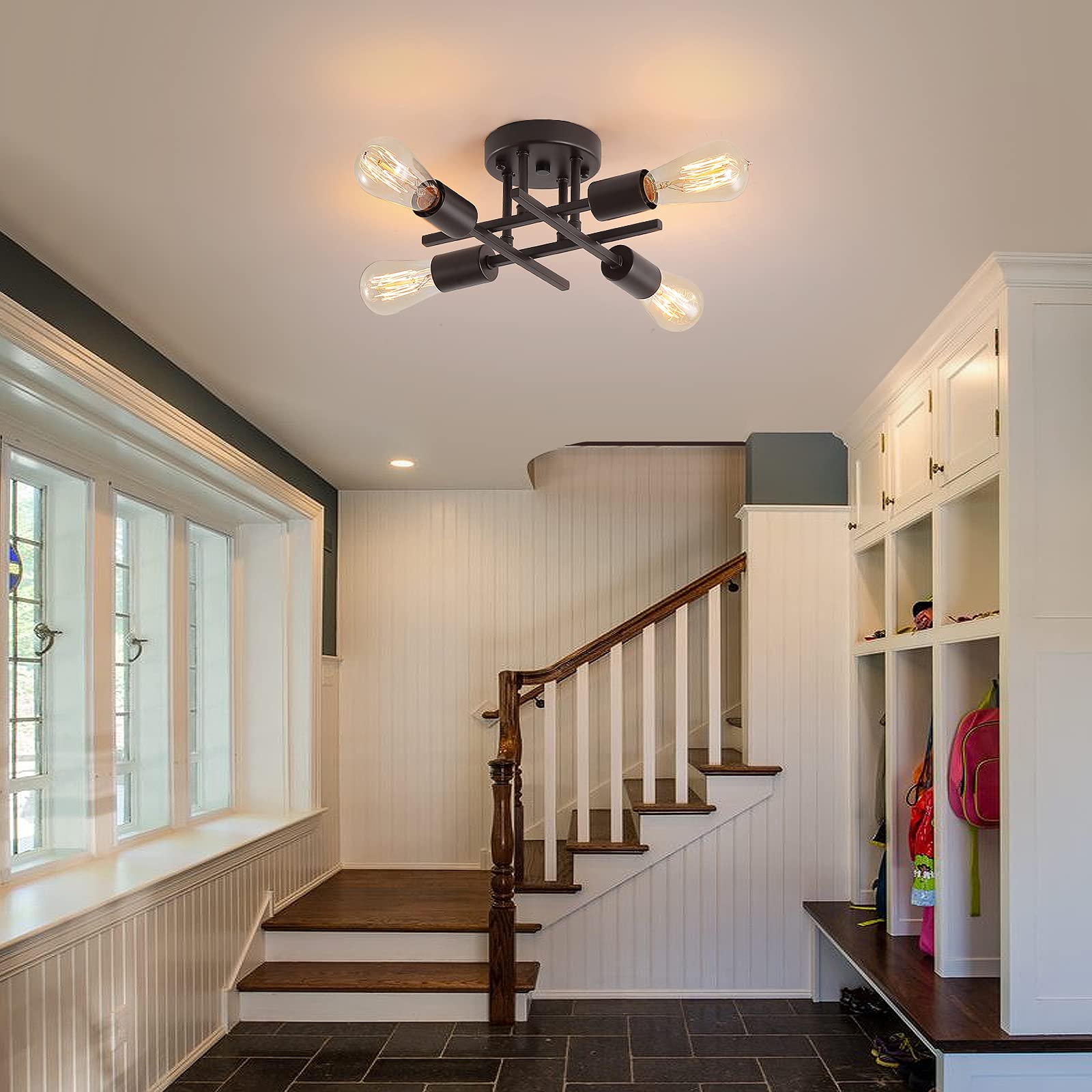 Aihying 4-Light Semi Flush Mount Ceiling Light Fixtures, Black Mid-Century Modern Industrial Farmhouse Metal Chandelier Lighting