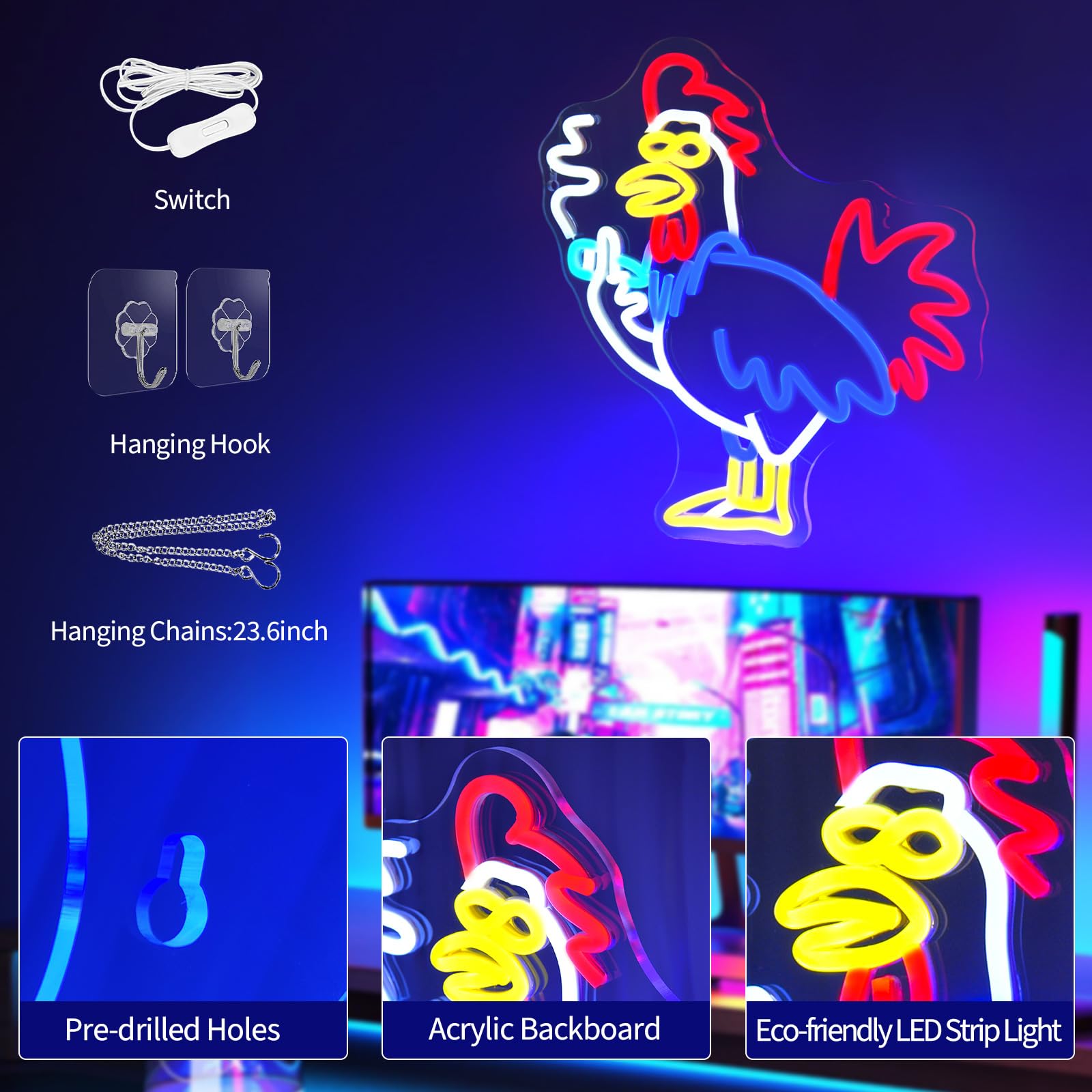 JEDAEMEN Rooster Neon LED Light Sign for Room Decor, USB Powered Acrylic Aesthetic Wall Art