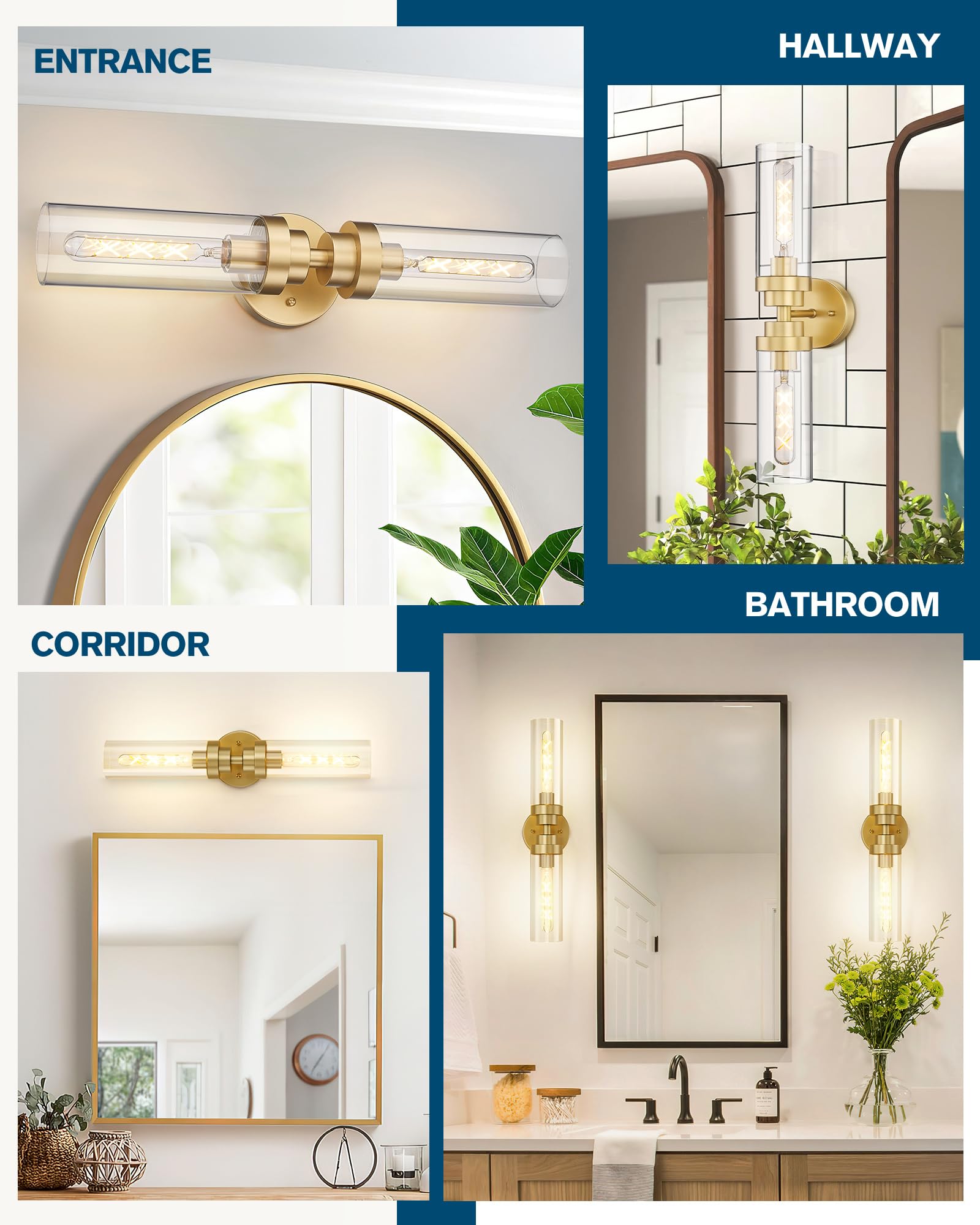 Emak 22 Inch Gold Bathroom Light Fixtures, 2-Light Cylinder Vanity Sconces with Clear Glass, Model VL085-GD-2