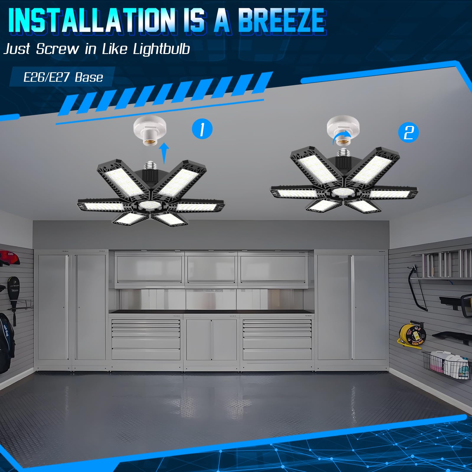 Iskydraw Garage Light - 4 Pack 200W Garage Lights Ceiling Led Bright 20000Lm With 6 Deformable Panels, 6500K Screw In Garage Lig