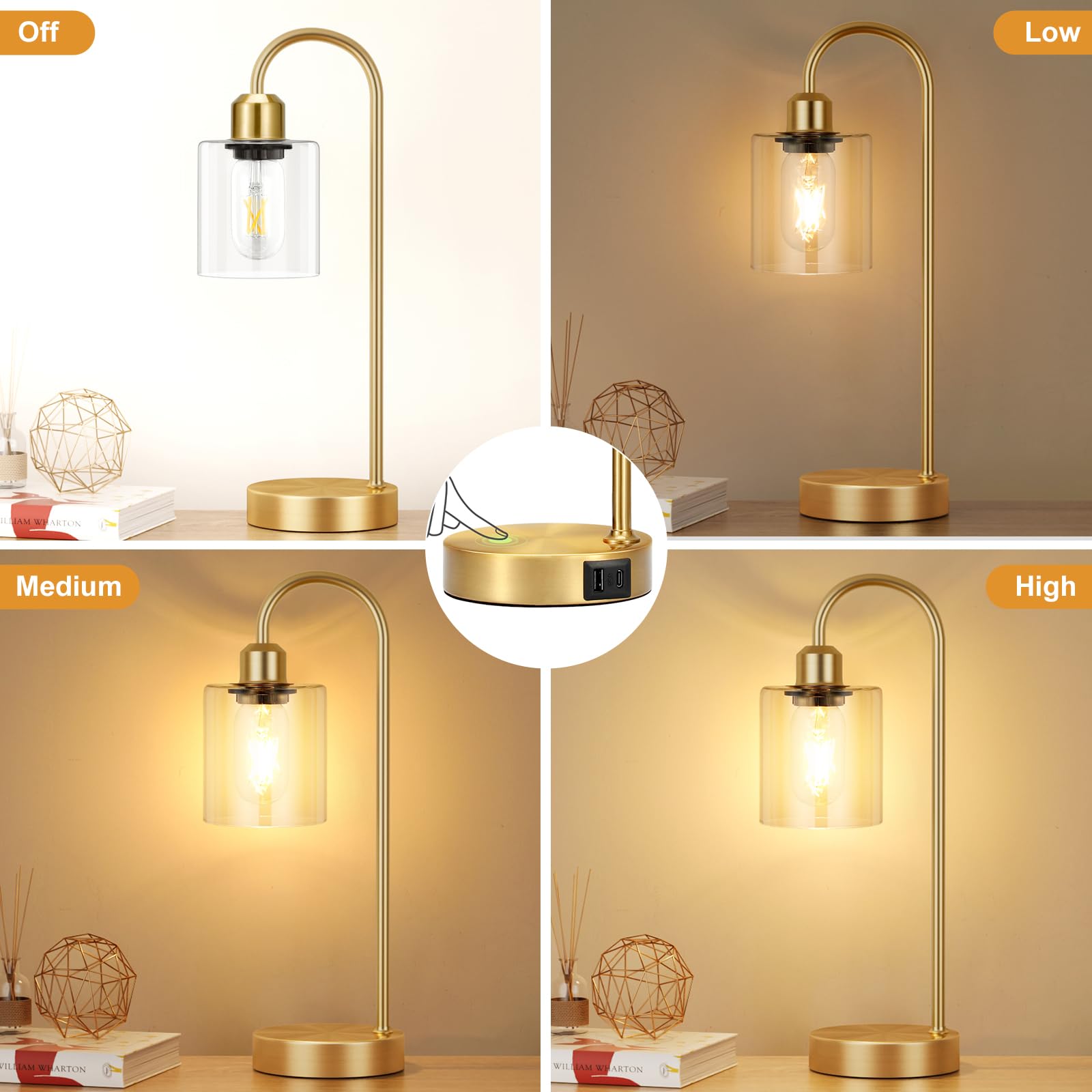 Innqoo Industrial Gold Table Lamps Set of 2 - 3-Way Dimmable, Glass Shade, USB Ports, Bedside Lighting, Model Gold Lamp-1, A-Clear