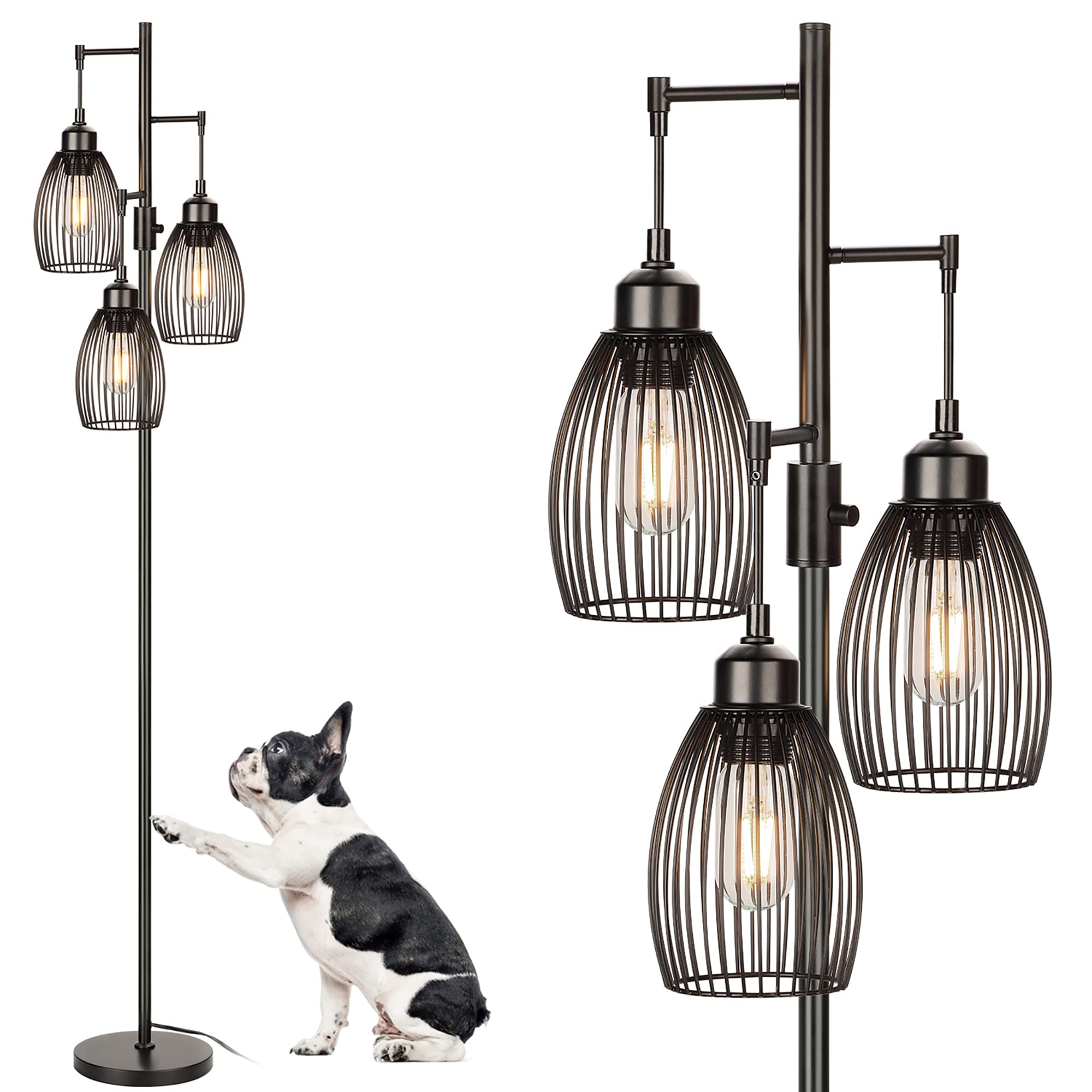 68 Dimmable Floor Lamp, 3 X 800Lm Led Edison Bulbs Included, Industrial Floor Lamps For Living Room, Rustic Tall Lamps Standing 