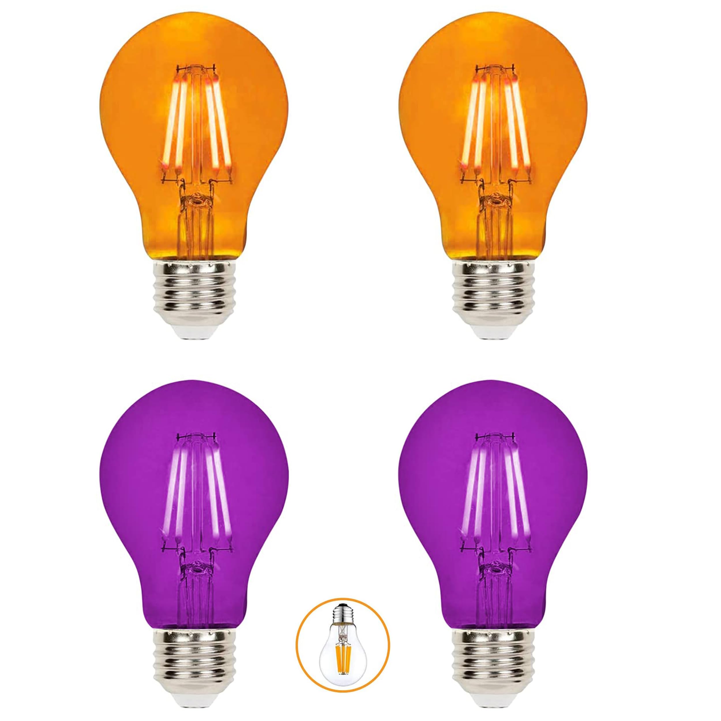 4 Pack A19 Filament LED Orange Purple Light Bulbs – E26 Base 8W 75 Watt Equivalent Vintage LED Purple Orange Bulb LED Decorative Lighting Orange Purple LED Bulb Party Decoration, Halloween Light Bulbs