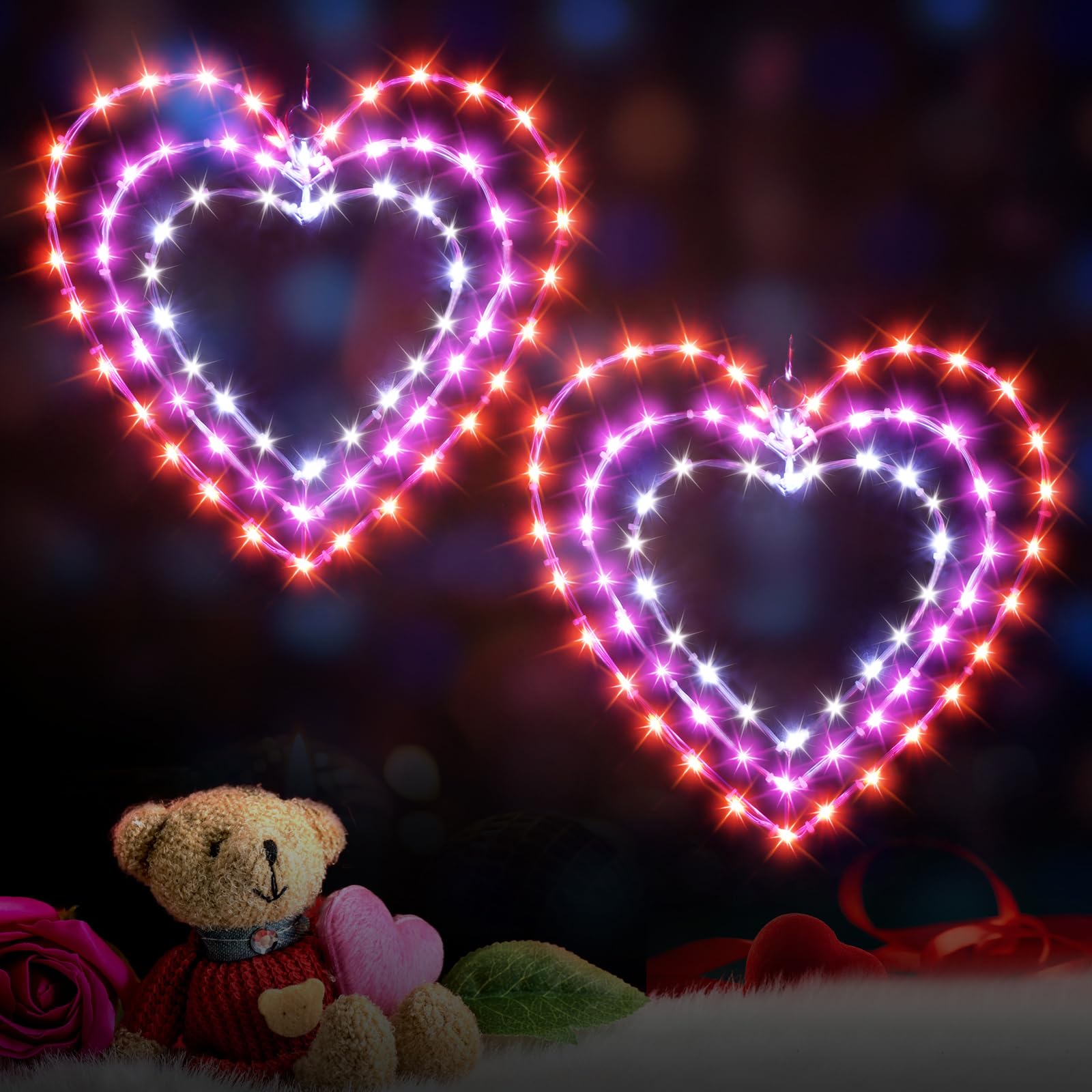 ILLUMINEW 2 Pack Valentines Day Heart Window Lights  8 Lighting Modes  12 Inch LED Hanging Iron Frame Decor for Wedding Holiday Indoor Outdoor Party
