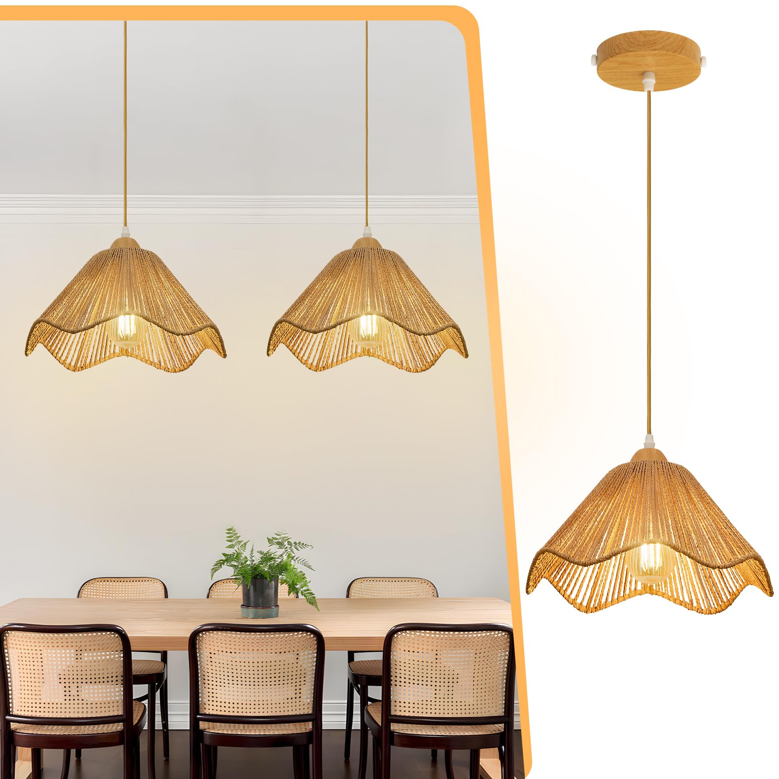 OTeedo 2 Pack 12.4 Wave Rattan Chandelier Pendant Lights Kitchen Island,Farmhouse Boho Chandeliers Adjustable Height Hanging lam