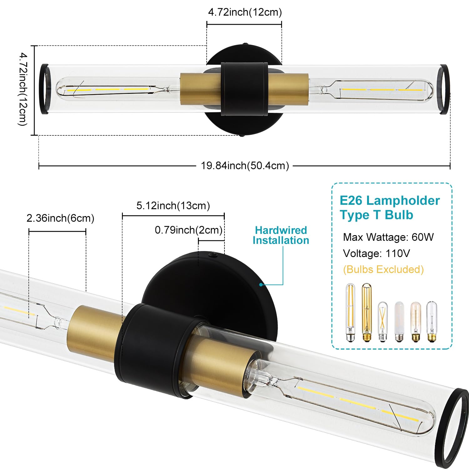 Vaziden Black And Gold Wall Sconce  Bathroom Light Fixtures In Clear Glass Indoor Wall Sconces  Modern Sconce Wall Lighting Up And Down Vanity Lights Fixtures For Bathroom - Bulb Not Included