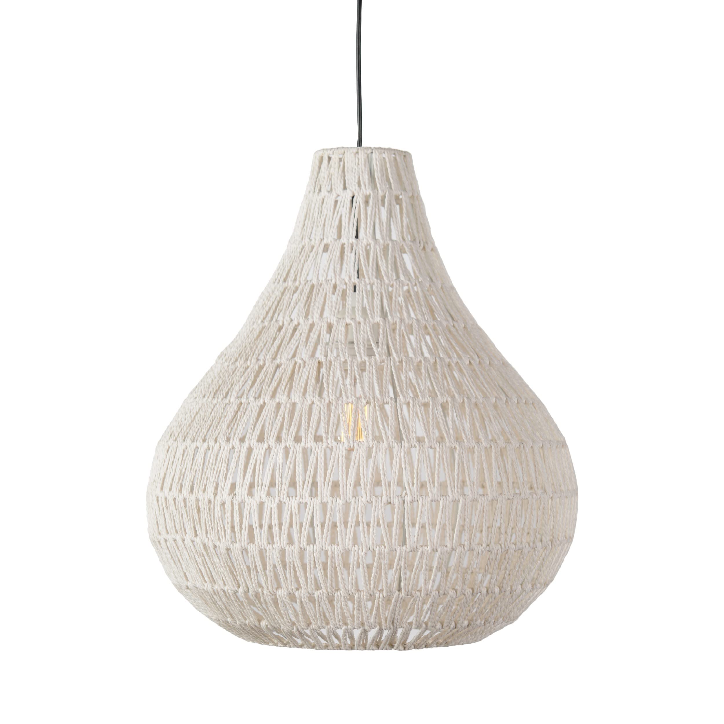 Benjara Boney 18 Inch Pendant Light, Woven Rope, Rounded Shape, Iron, White