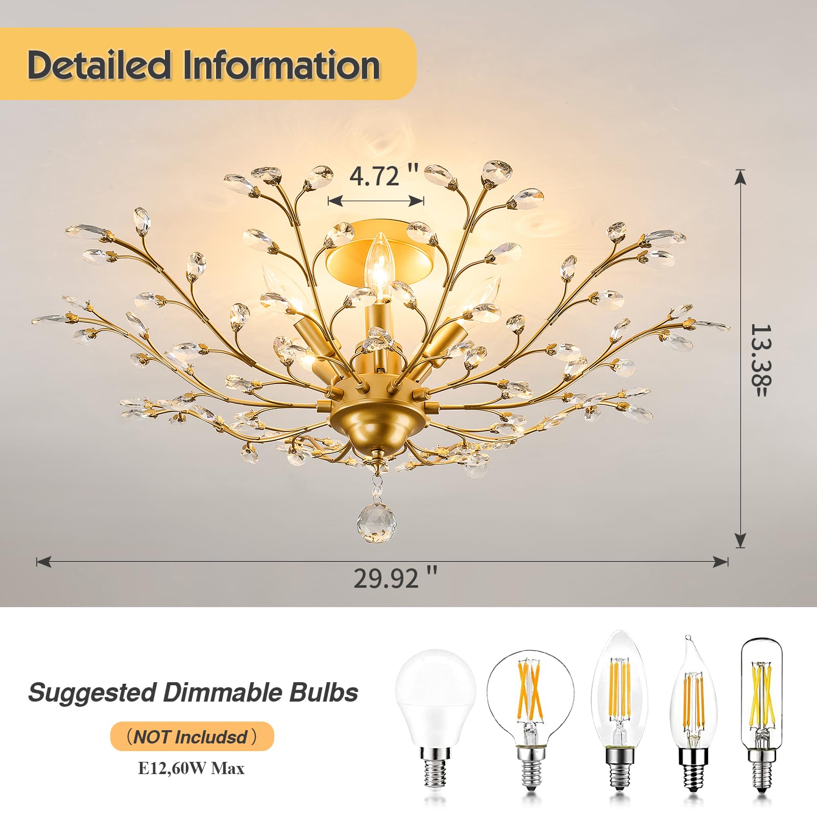 CVKASH 5-Light Vintage Crystal Chandelier, Brushed Gold Ceiling Light for Kitchen, Dining, Living Room, Bedroom, Model W-1366