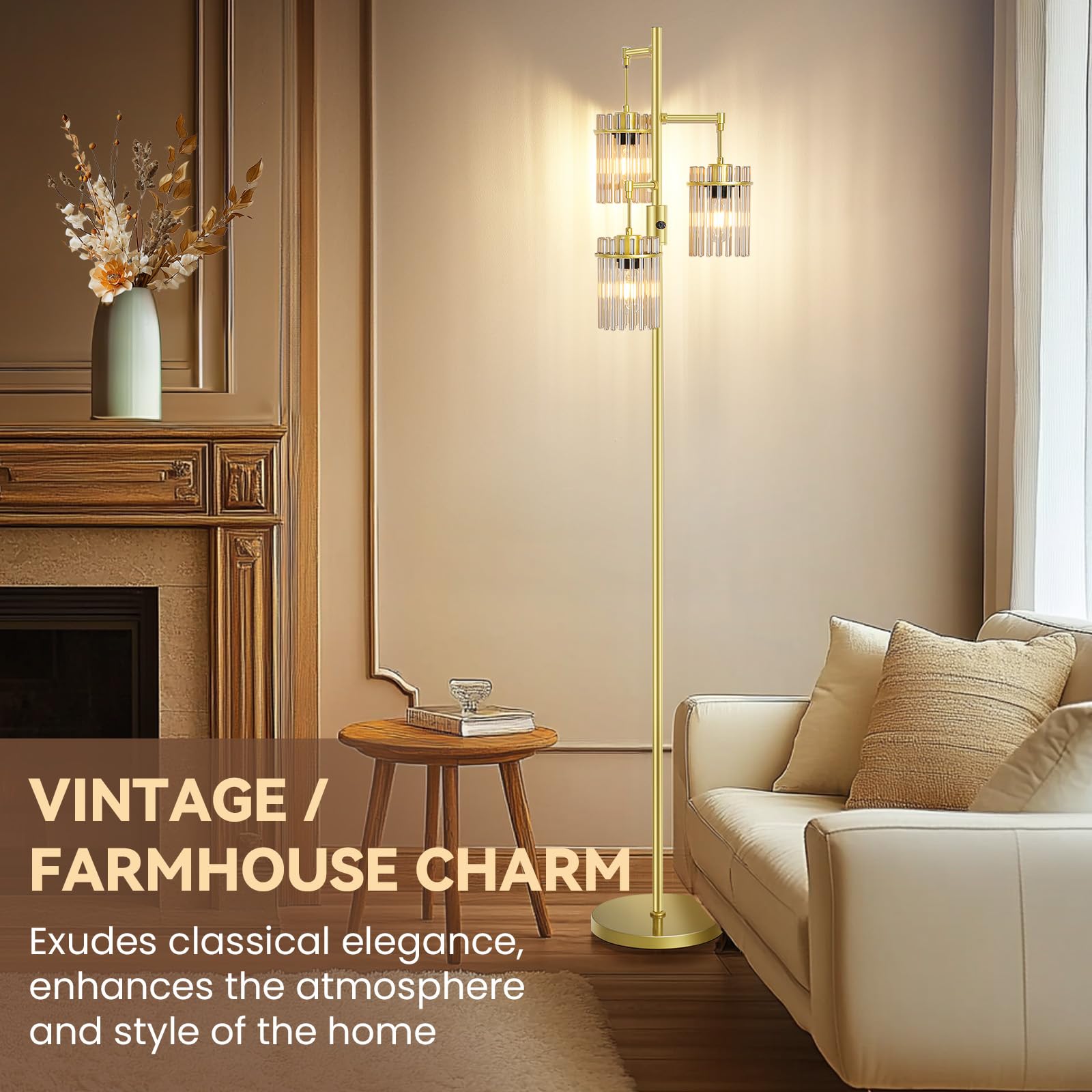 VOUTOORO Dimmable Glass Floor Lamp - 65" Tall, Black, Teardrop Cage Head, 800 Lumens LED, Model FL230501-001