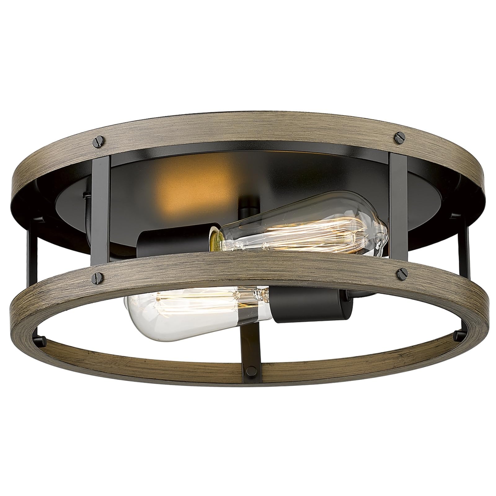 Eapudun Farmhouse 2-Light Flush Mount Ceiling Light, Matte Black & Wood, Retro Design