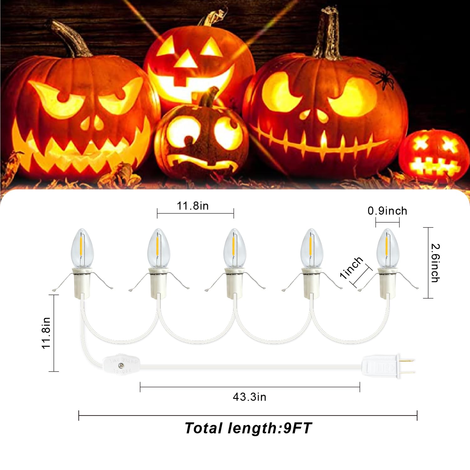 Kiraralite C7 String Bulbs - 5 Base LED Light Cord with White Clip & On/Off Switch for Christmas Village Decorations