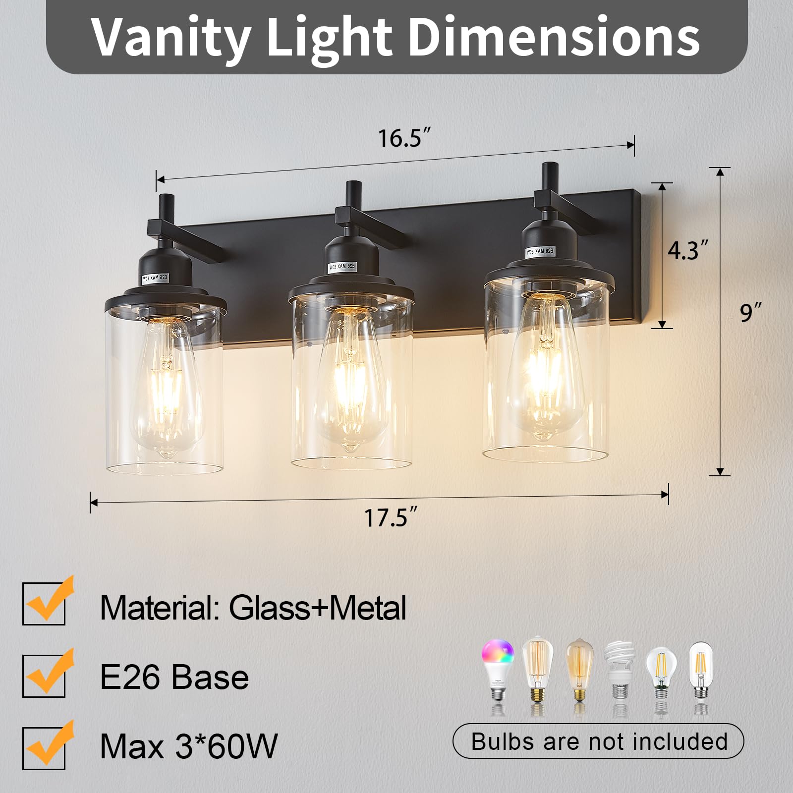 Lanhall 3-Light Black Bathroom Vanity Light Fixture, Modern Farmhouse Design, Glass Shade, Model 500-100-1072