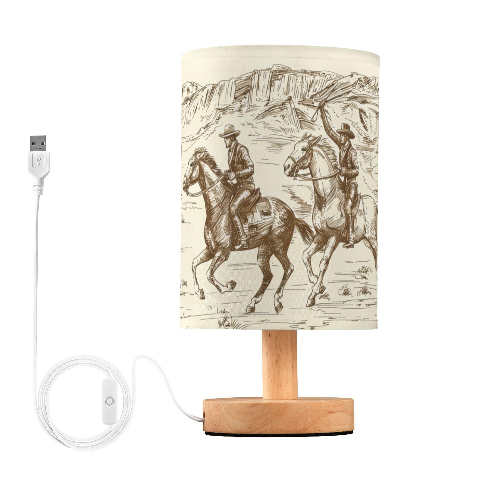 BOENLE Bedside Lamp Western Desert Cowboy Table Lamp for Bedroom LED Nightstand Lamp Shade USB Ports Wood Base for Living Room D