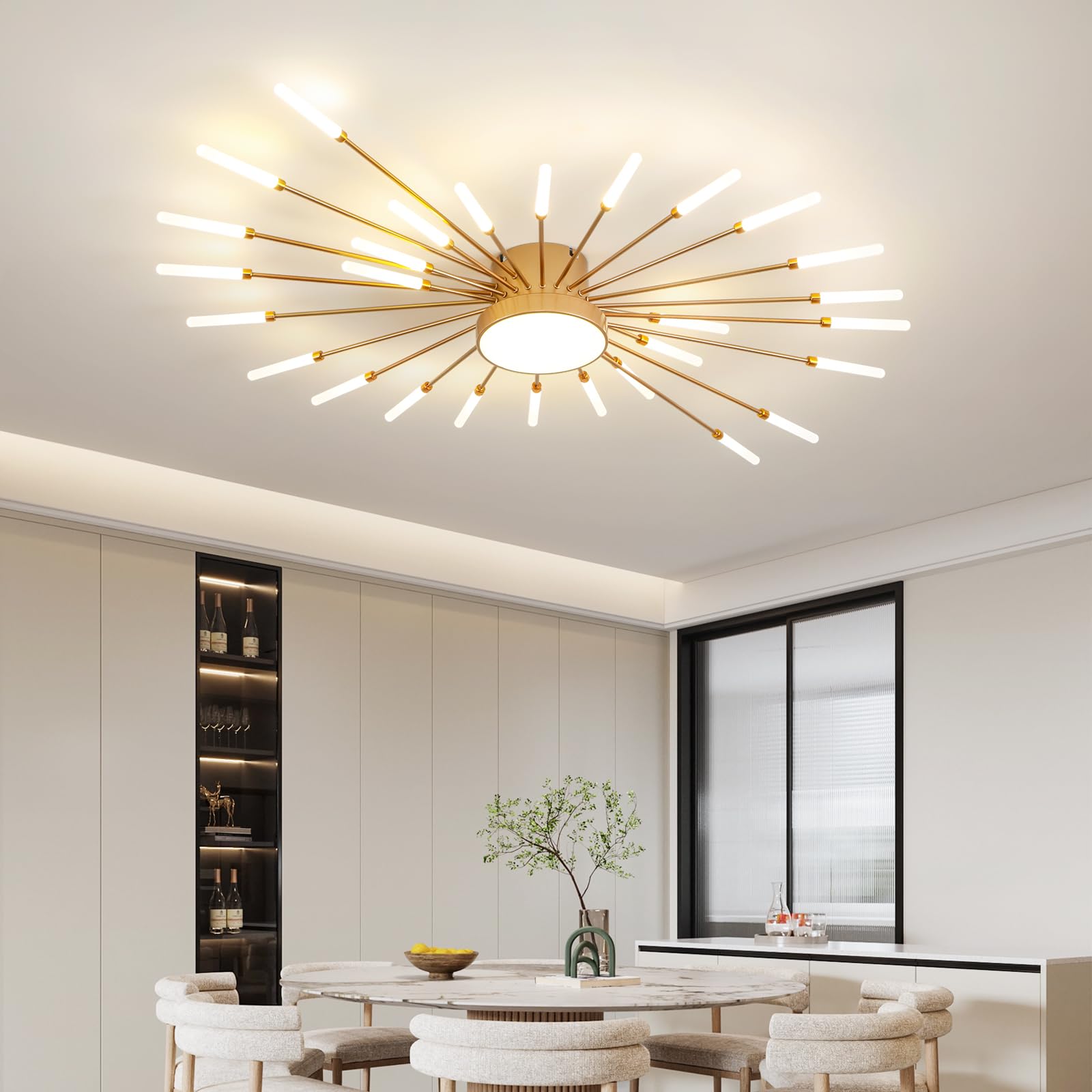Ziidoo Modern Ceiling Light  28+1 Lights Metal Firework Designed Chic Led Lighting Fixture For Farmhouse Kitchen Dining Room Bedroom Hallway Living Room (Gold And Dark Gold)